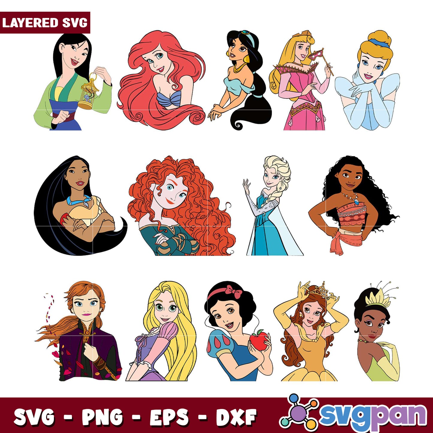 Layered SVG Bundle of Disney Princesses Designs