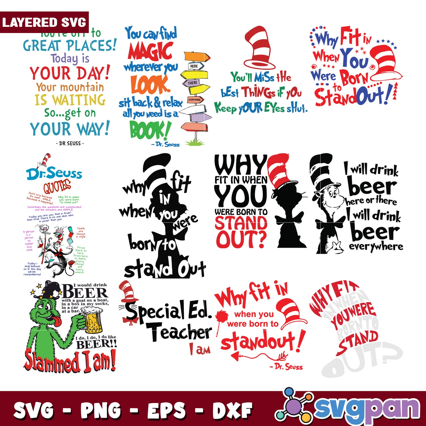 Layered SVG Bundle with Dr Seuss Quotes and Designs