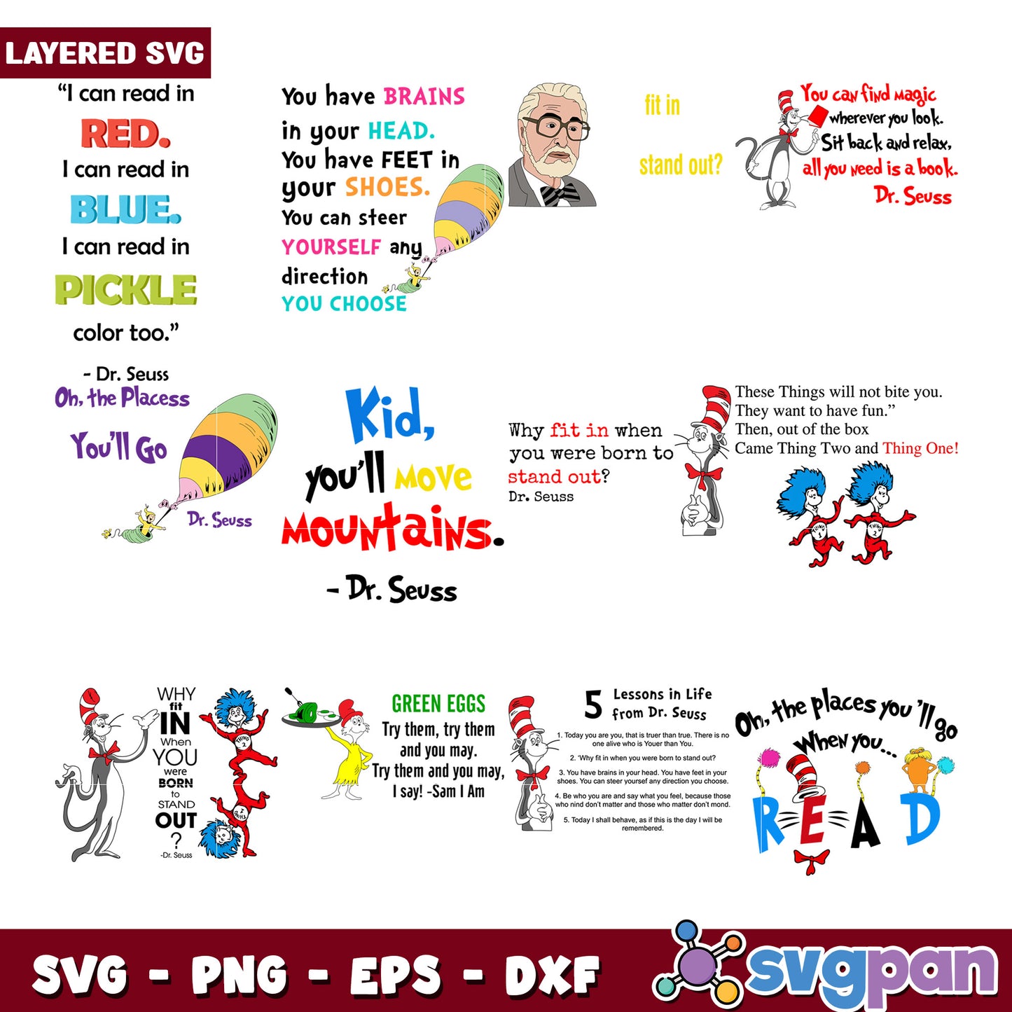 Layered SVG Bundle with Inspirational Dr Seuss Quotes