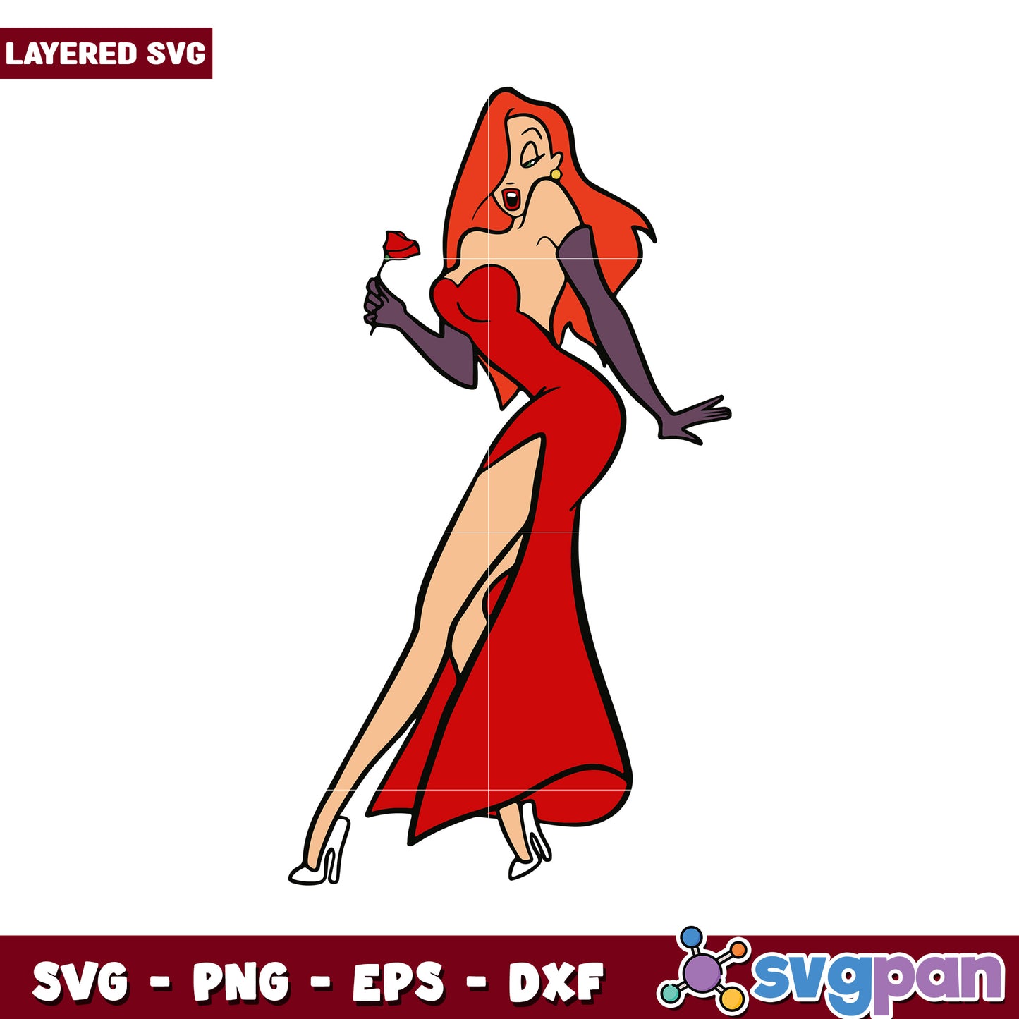 Layered SVG of a glamorous character in a red dress, perfect for designs
