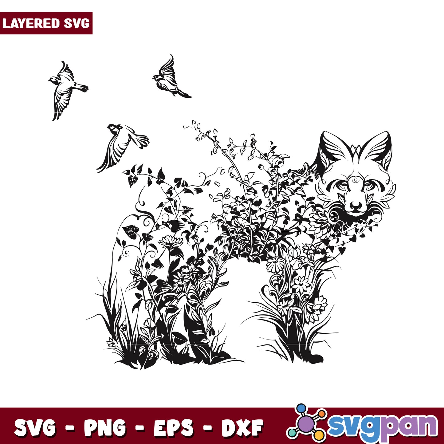 Layered fox and birds SVG design, perfect for nature lovers crafts
