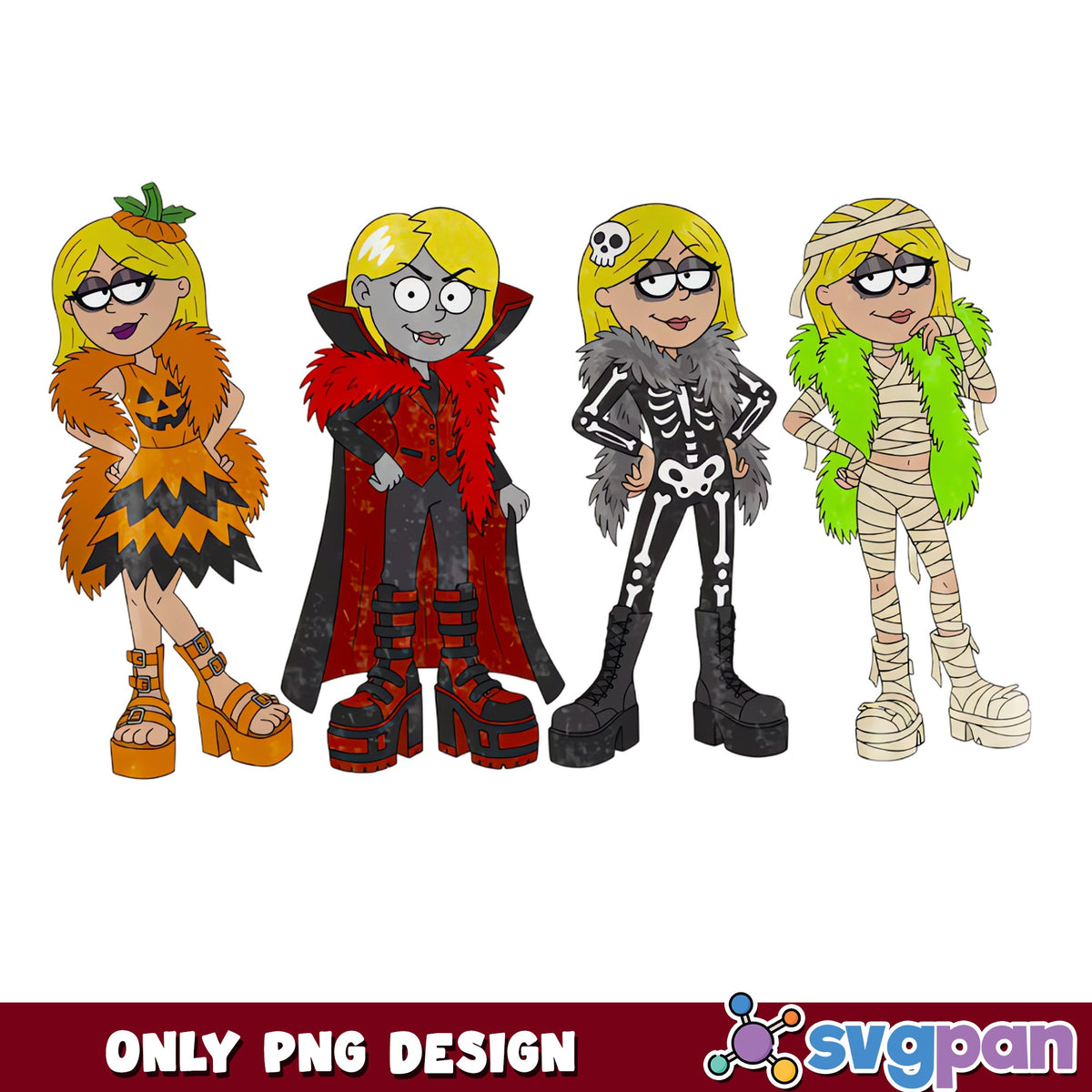 Loud House Sisters Halloween PNG, Vampire Skeleton Mummy Pumpkin