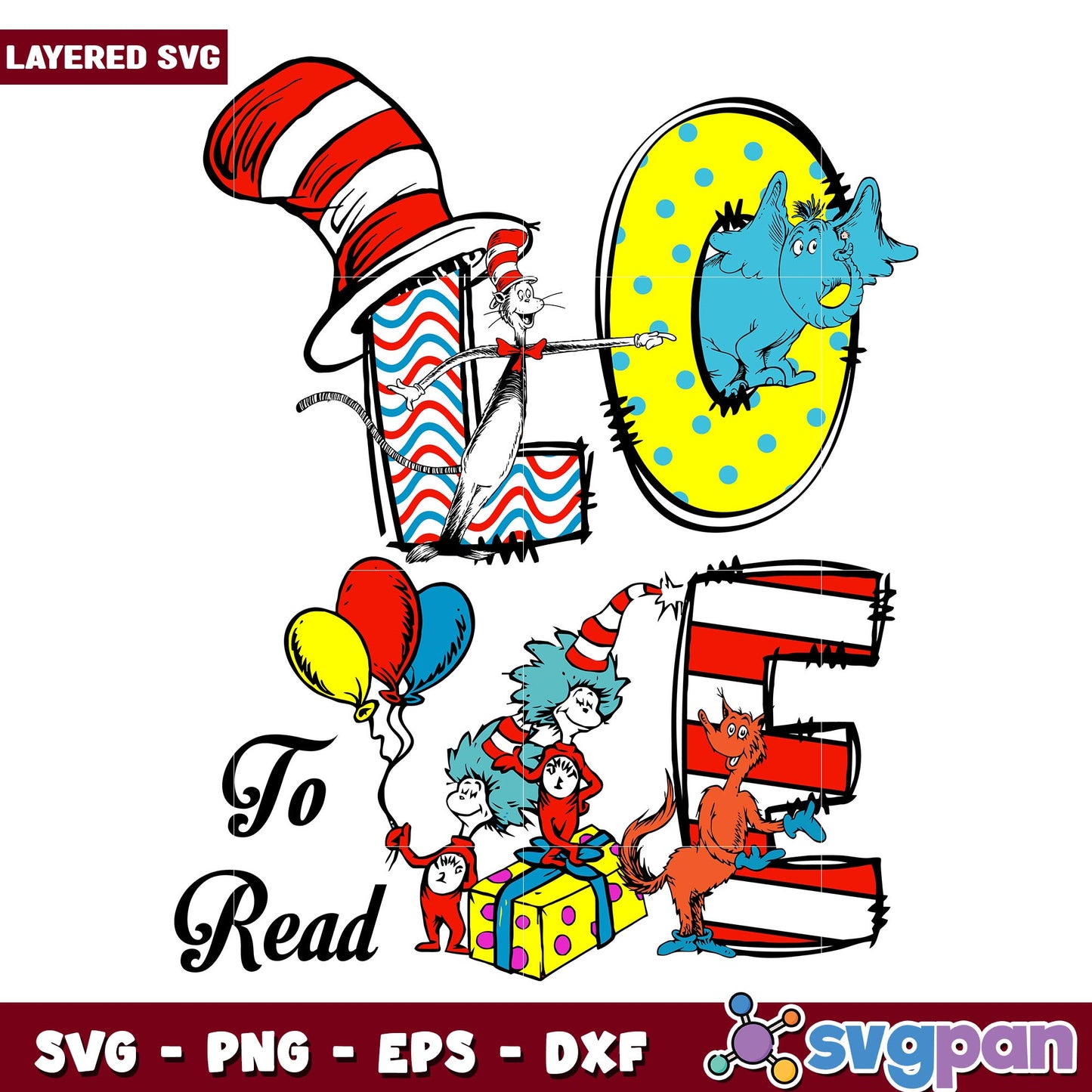 Love To Read svg, Dr. seuss characters svg, Digital Download