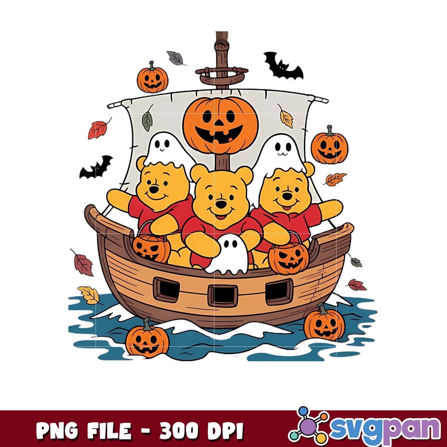 Manny pooh bears in halloween boat png, halloween decorations png, halloween era png