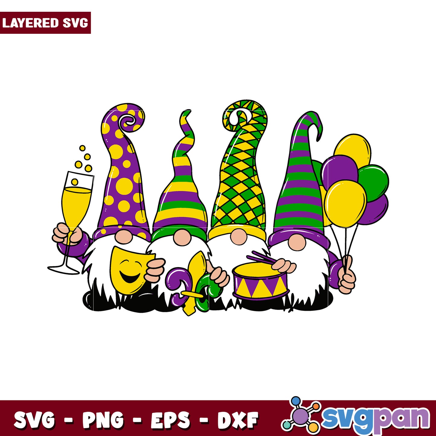 Mardi Gras gnome SVG design, perfect for festive celebrations