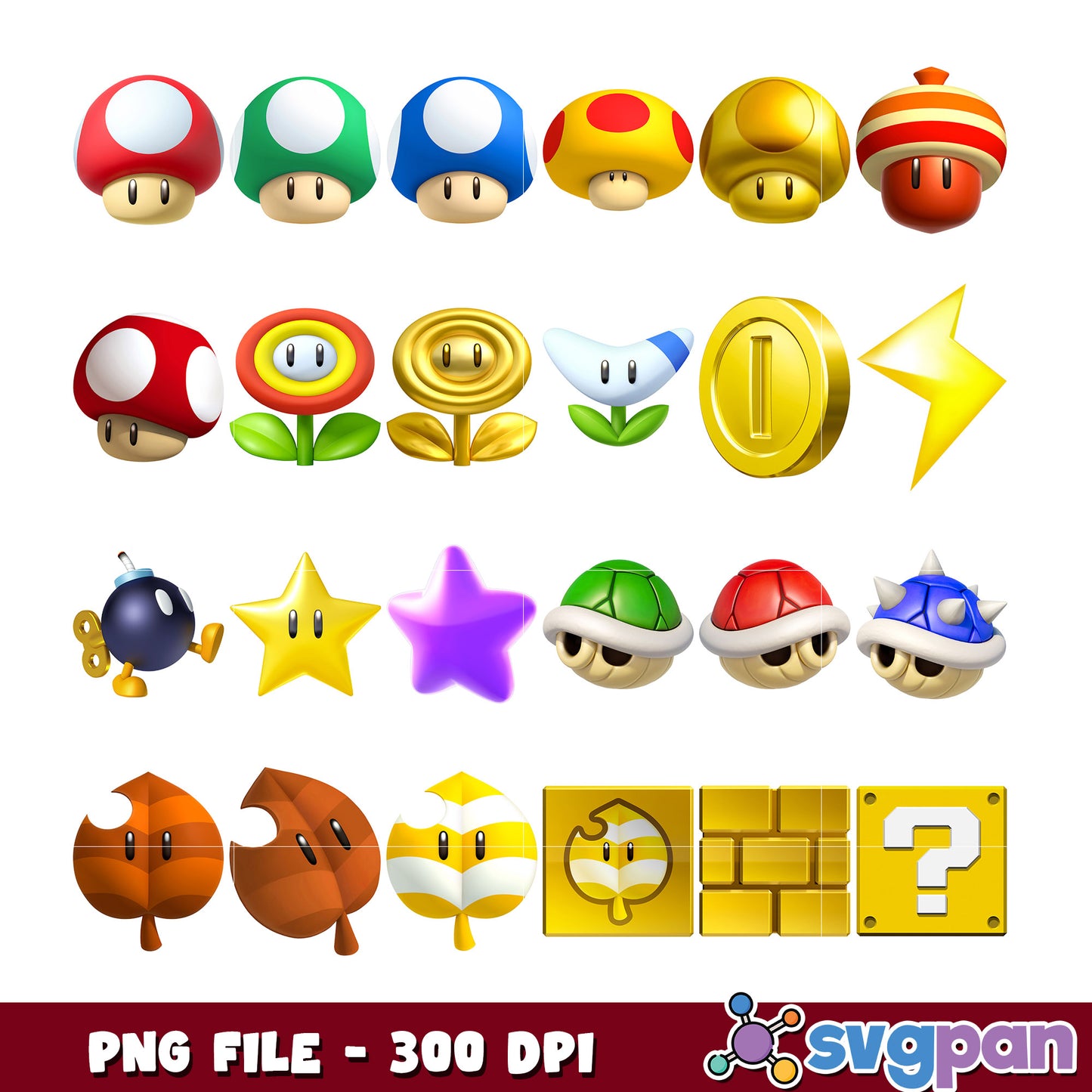 Mario Power Ups PNG Bundle 300 DPI