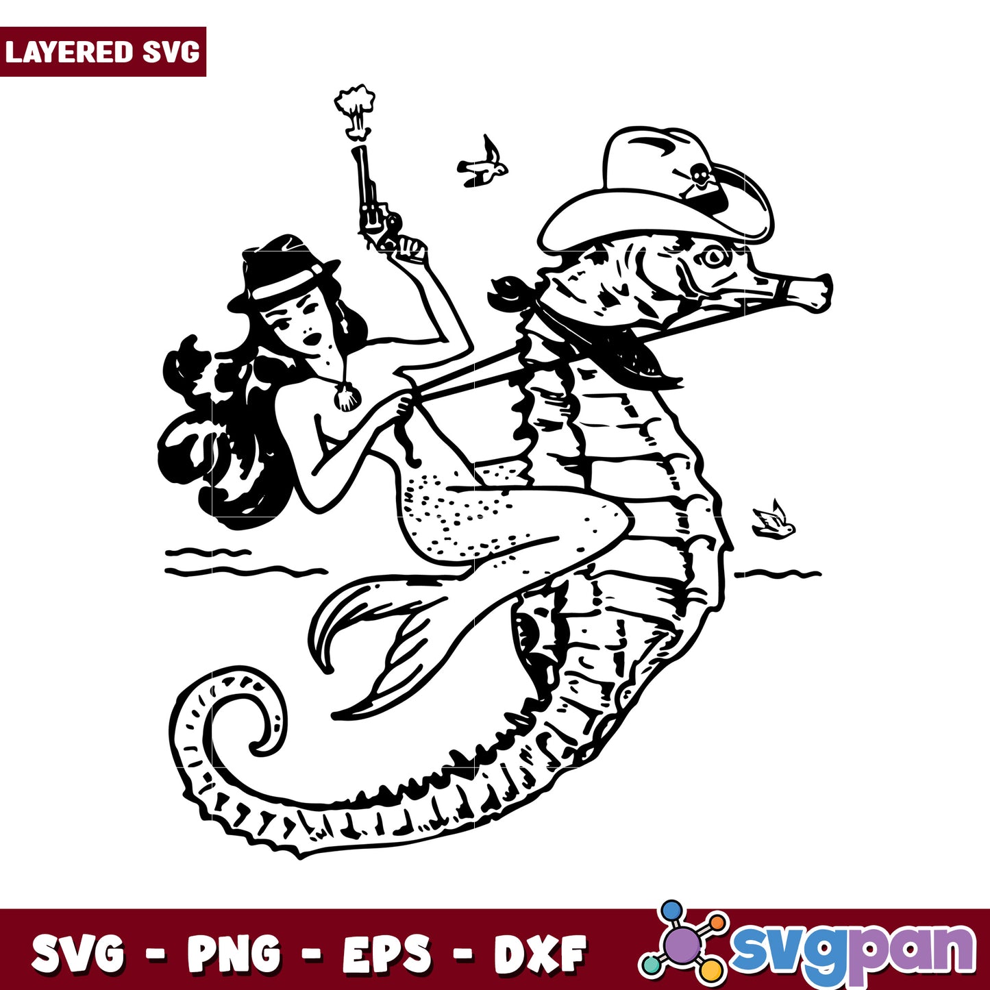 Mermaid riding seahorse with pistol, unique layered SVG design for crafts