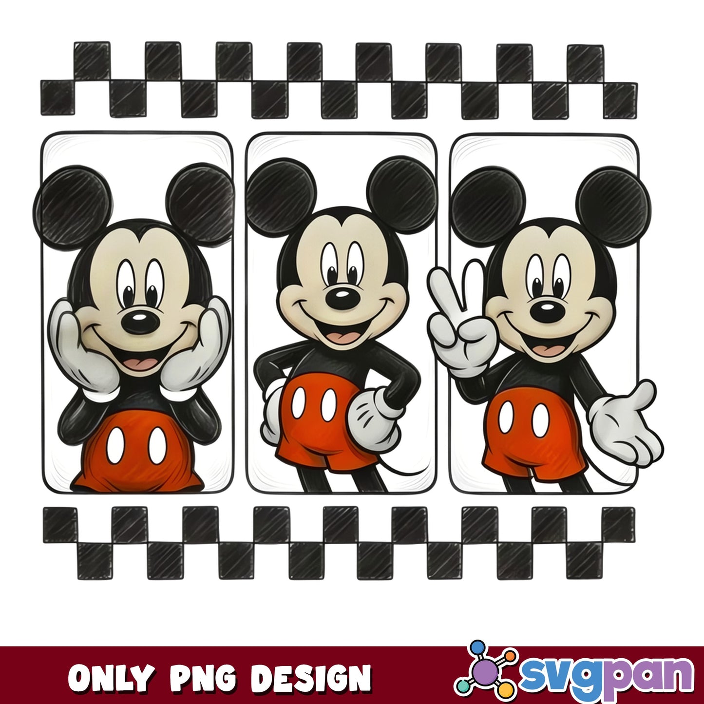 Mickey Mouse Checkered Triple Panel Design, Disney PNG, Mickey PNG