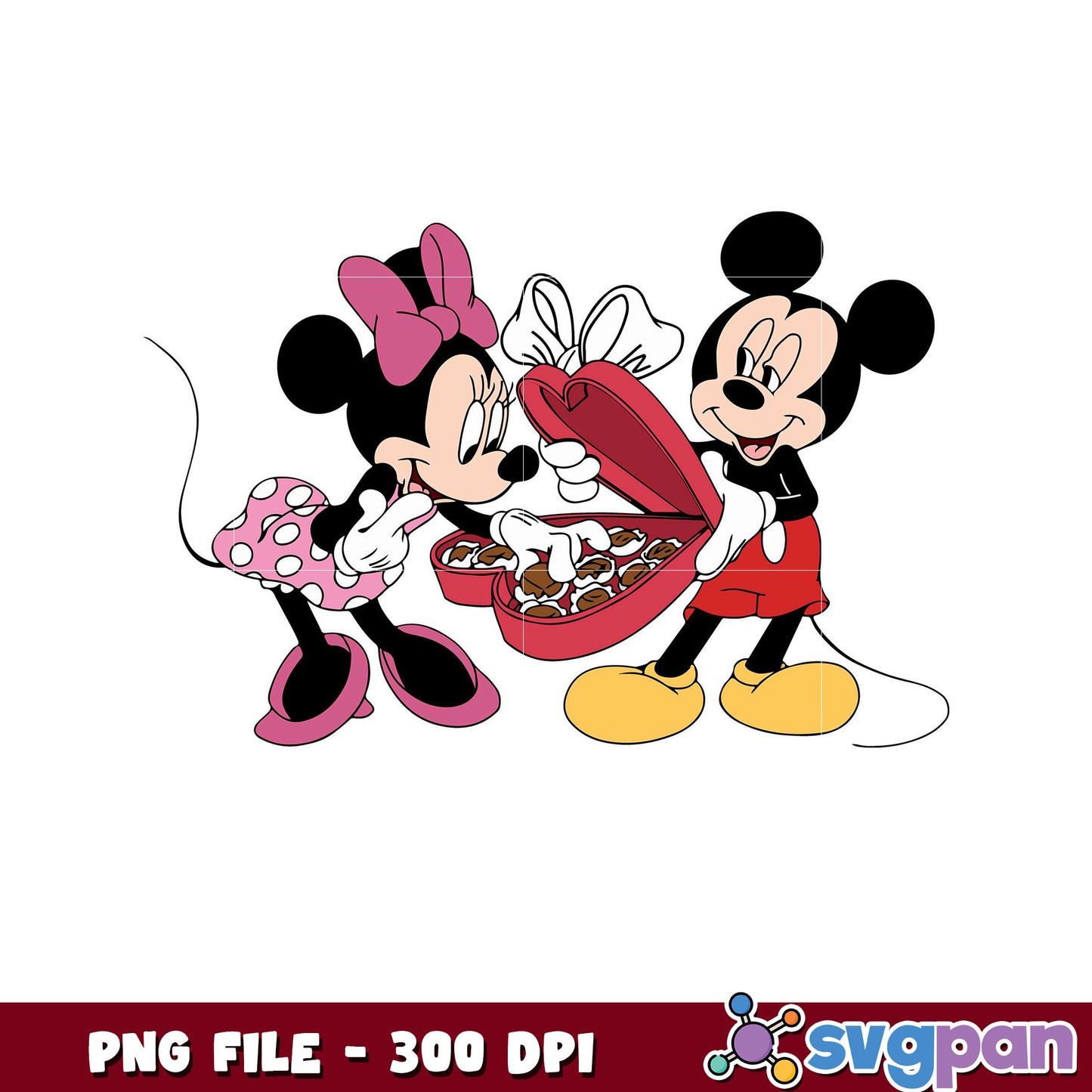 Mickey and Minnie sharing a heart shaped candy box, fun PNG art for lovers