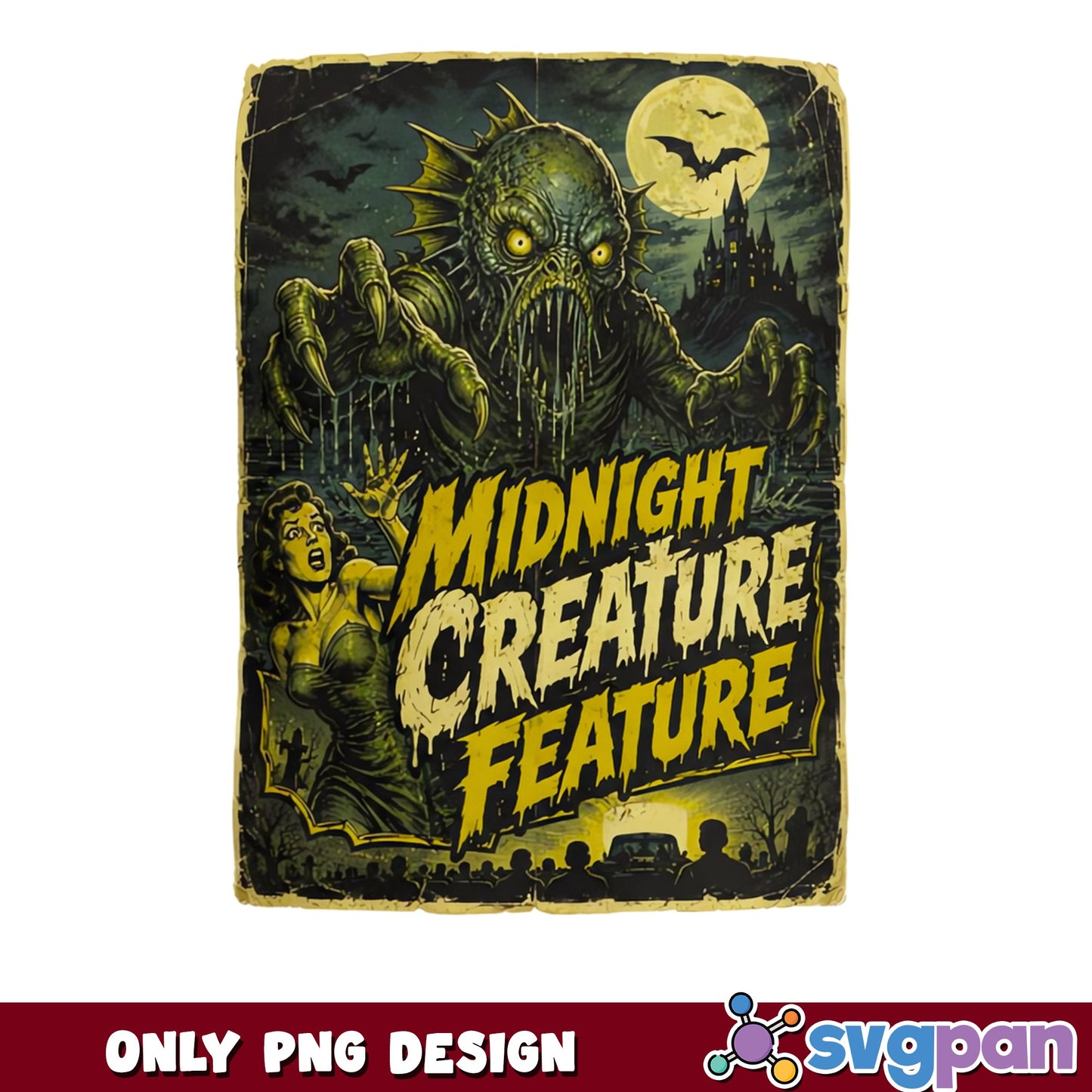 Midnight Creature Feature PNG, Vintage Horror Movie PNG, Halloween PNG