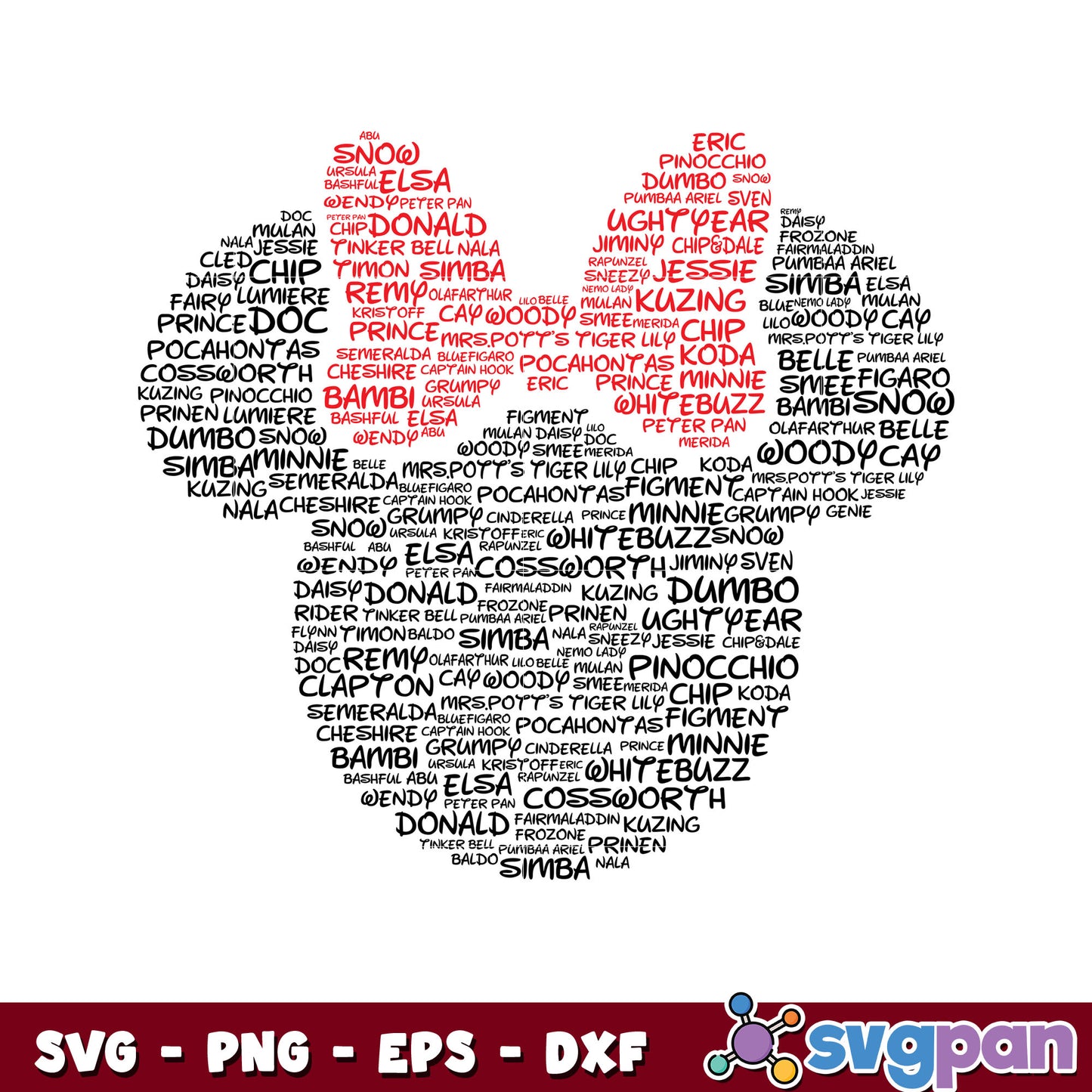 Minnie Mouse head word art disney svg, black minnie mouse ears svg
