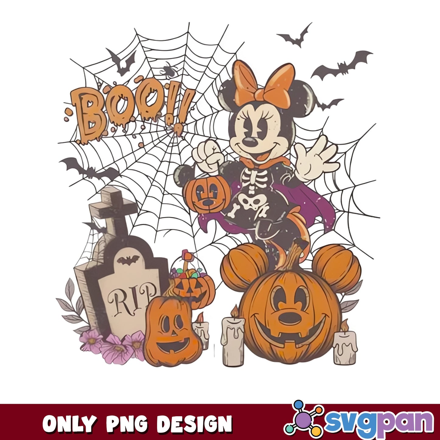 Minnie Mouse Boo Halloween PNG, Disney Skeleton Pumpkin PNG, Spooky PNG
