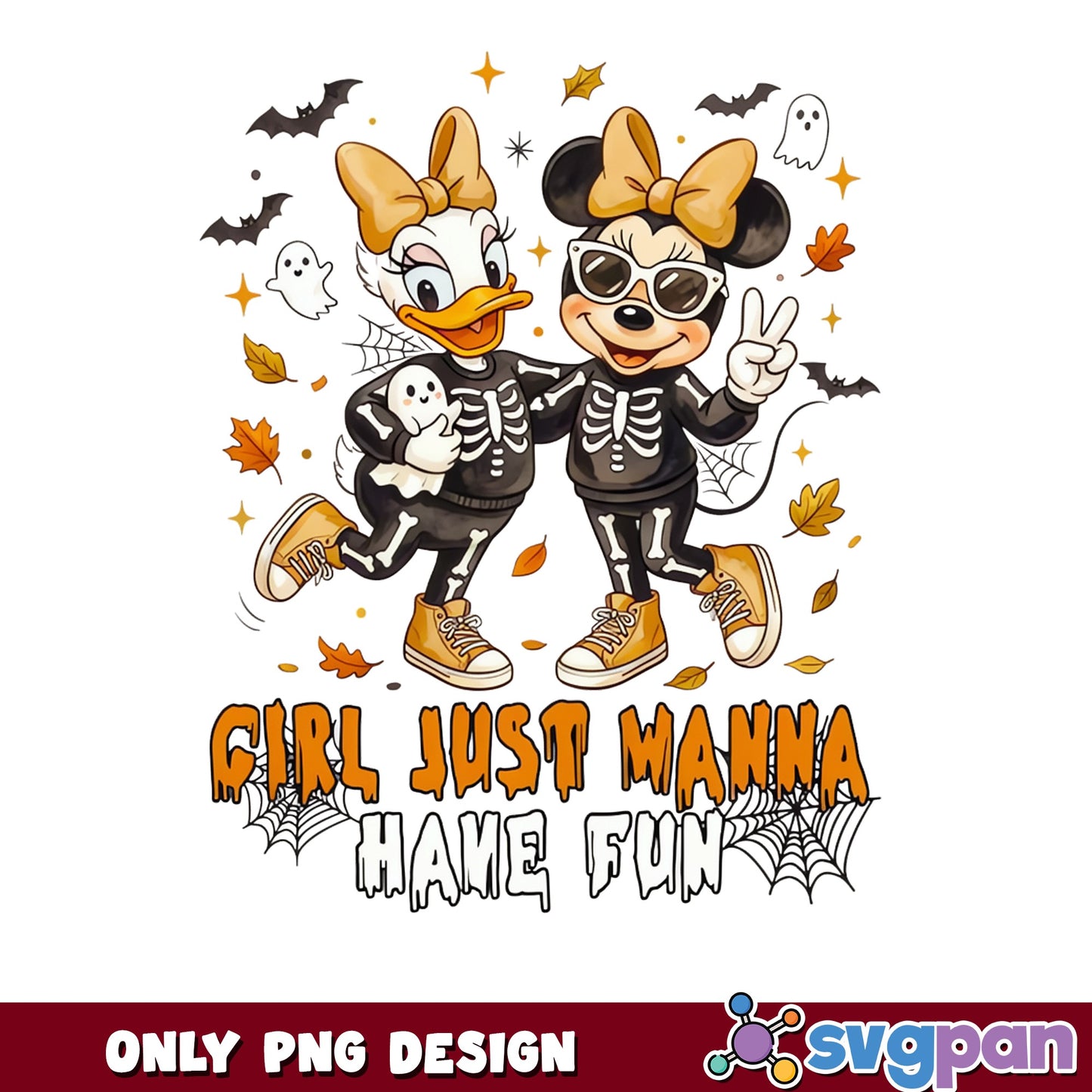 Minnie Mouse Daisy Duck Halloween PNG, Skeleton Disney Girls, Spooky Fun PNG