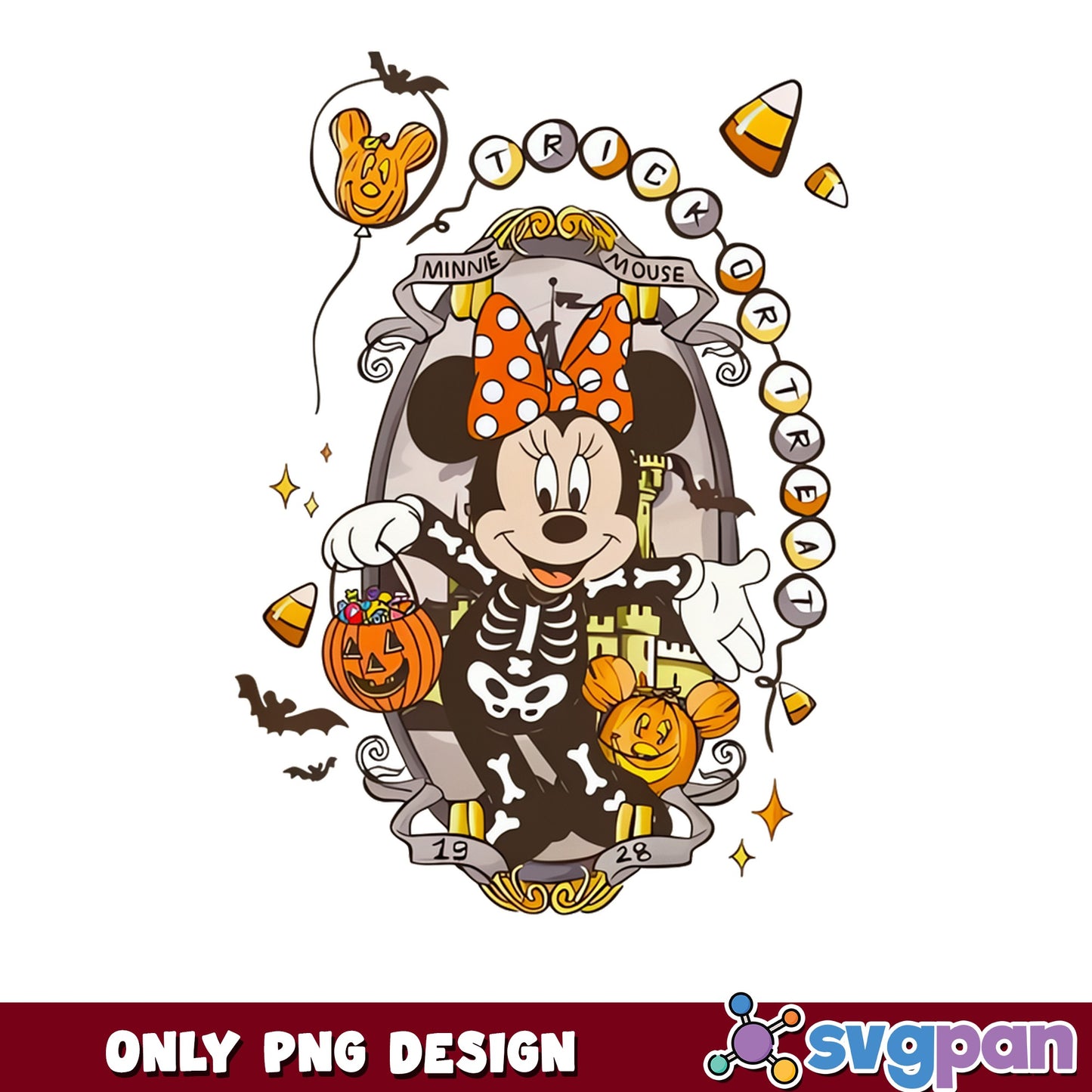 Minnie Mouse Skeleton Trick Or Treat PNG, Halloween PNG, Disney PNG