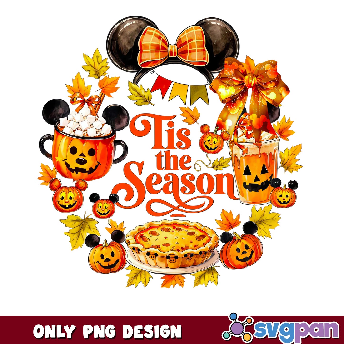 Minnie Mouse Tis The Season Fall Pumpkin Wreath PNG, Mickey, PNG