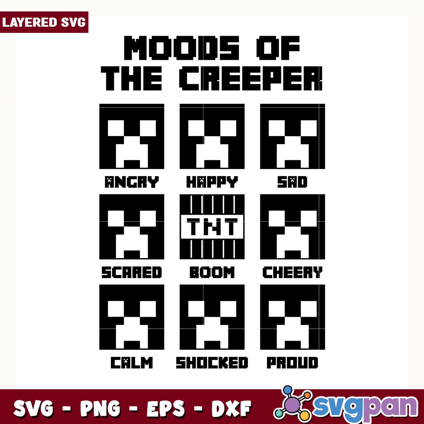 Moods of the creeper minecraft design svg, minecraft game svg, steve minecraft svg