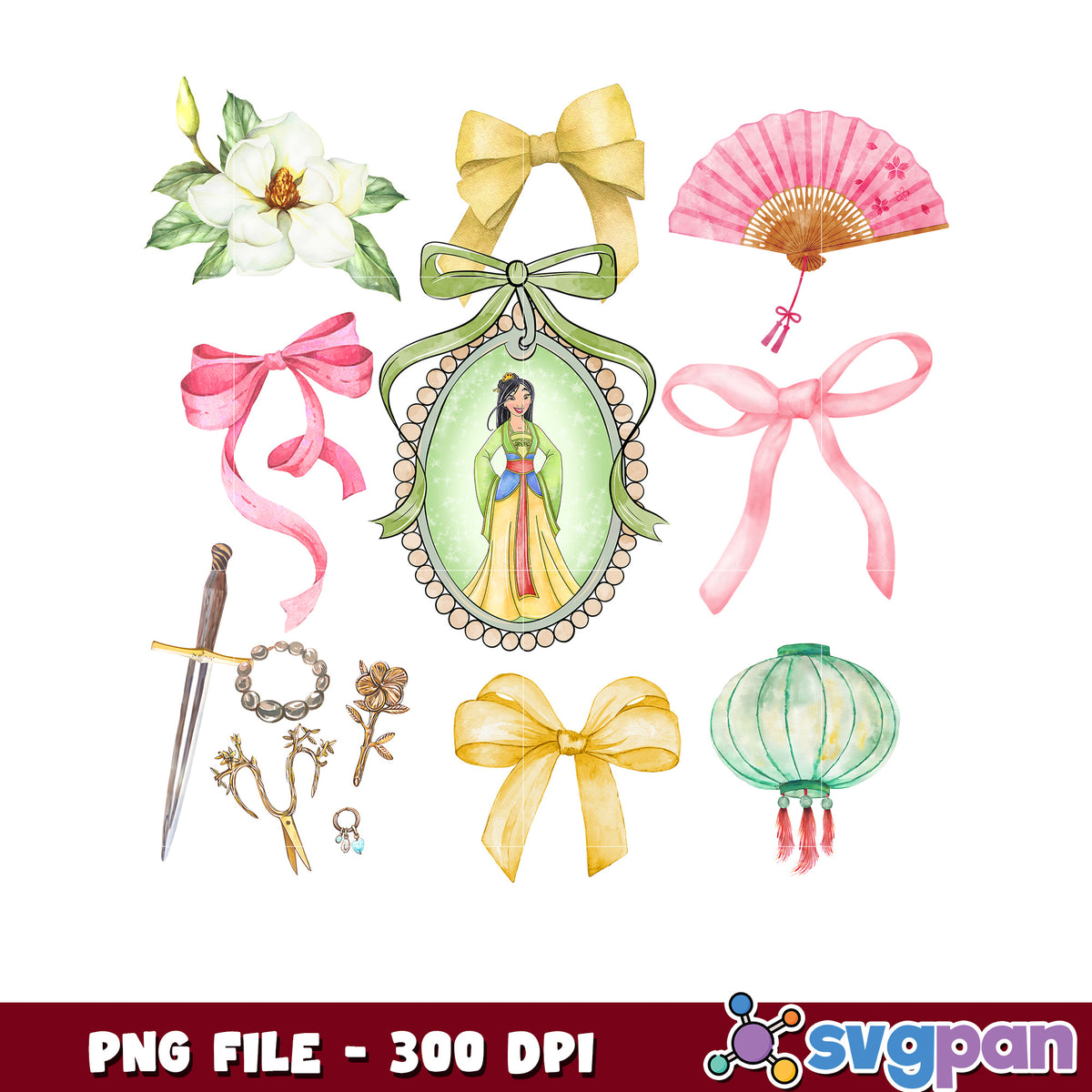 Mulan Watercolor PNG Clipart Set