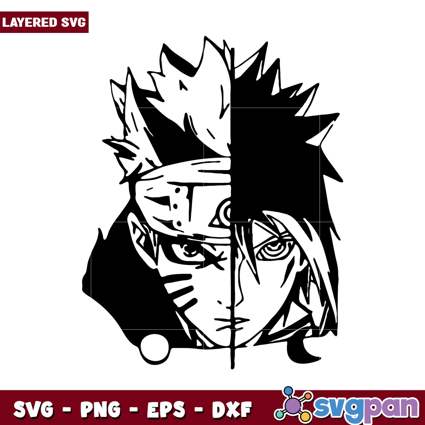 Naruto and Sasuke Split Face SVG Design, Perfect for Crafts and Projects