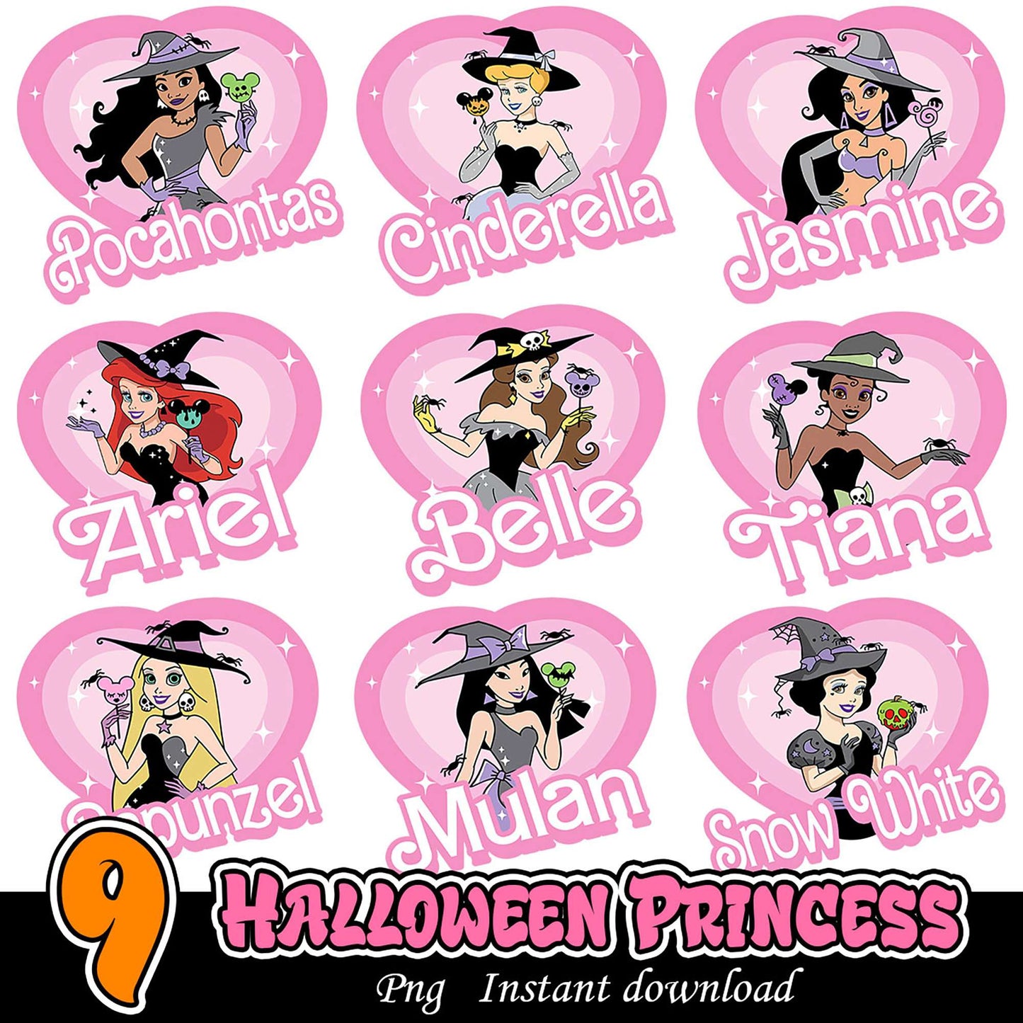 Nine Halloween Princess PNG Bundle for Instant Download