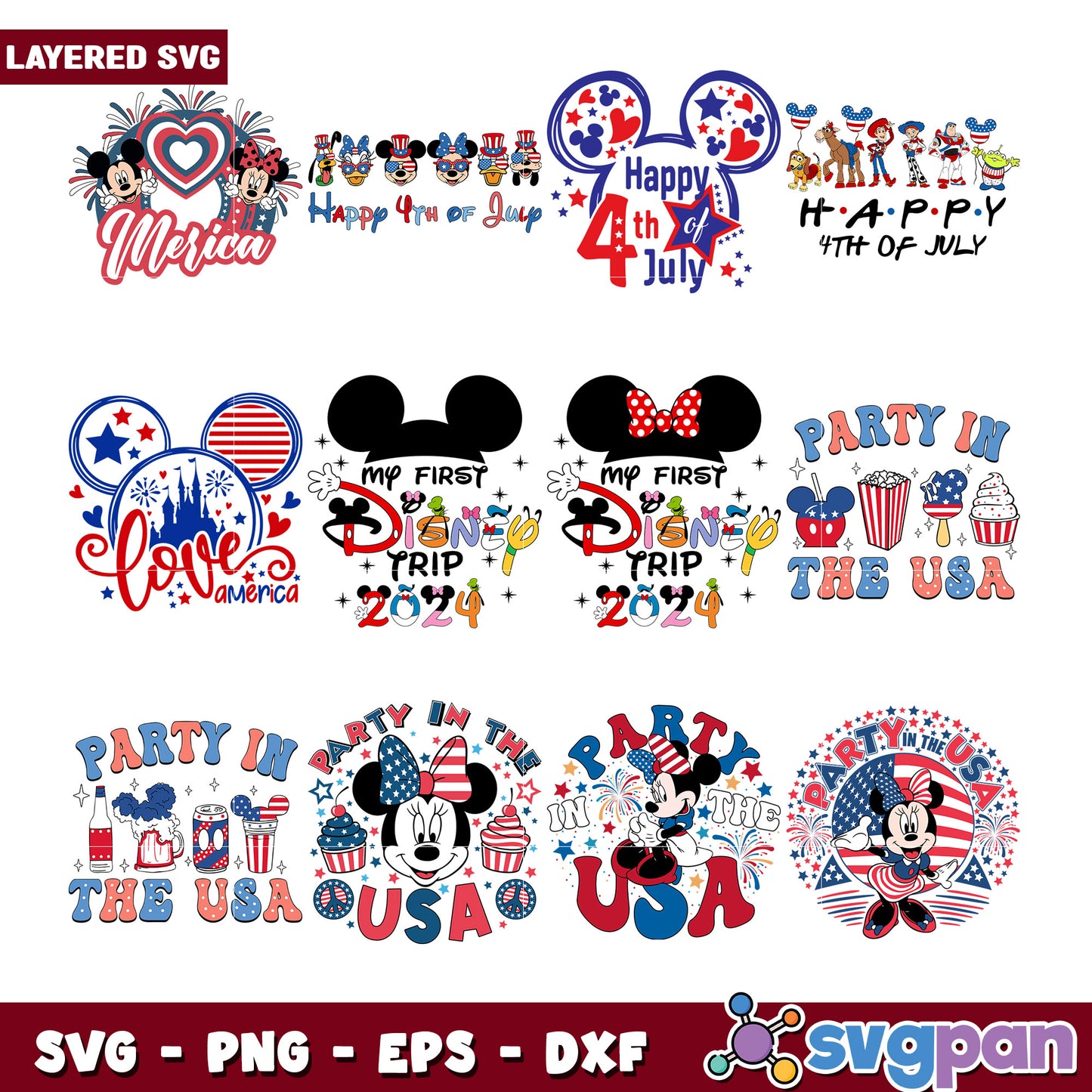 Option 1 (Focus on holiday) Patriotic Mickey Minnie SVG Bundle