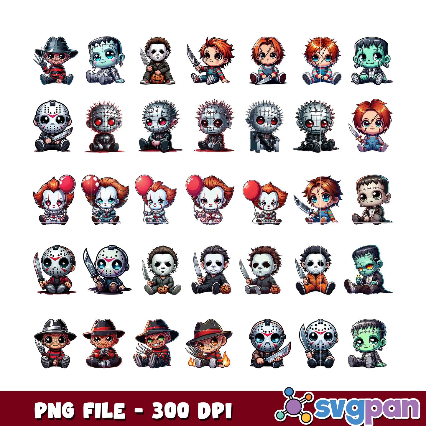 Option 1 (Focus on quantity) 30 Cute Horror Movie Chibi PNG Bundle 300 DPI