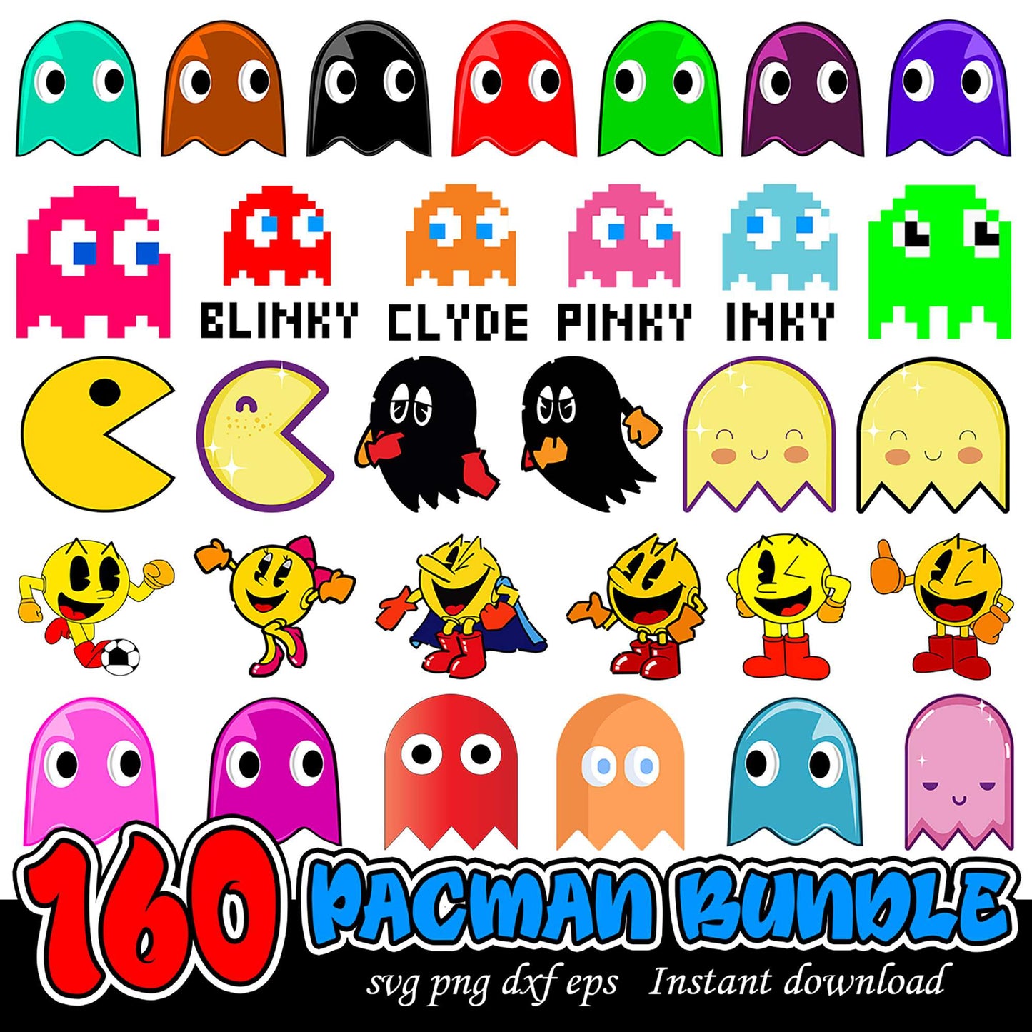 Pacman Bundle 160 SVG PNG DXF EPS Instant Download Pack