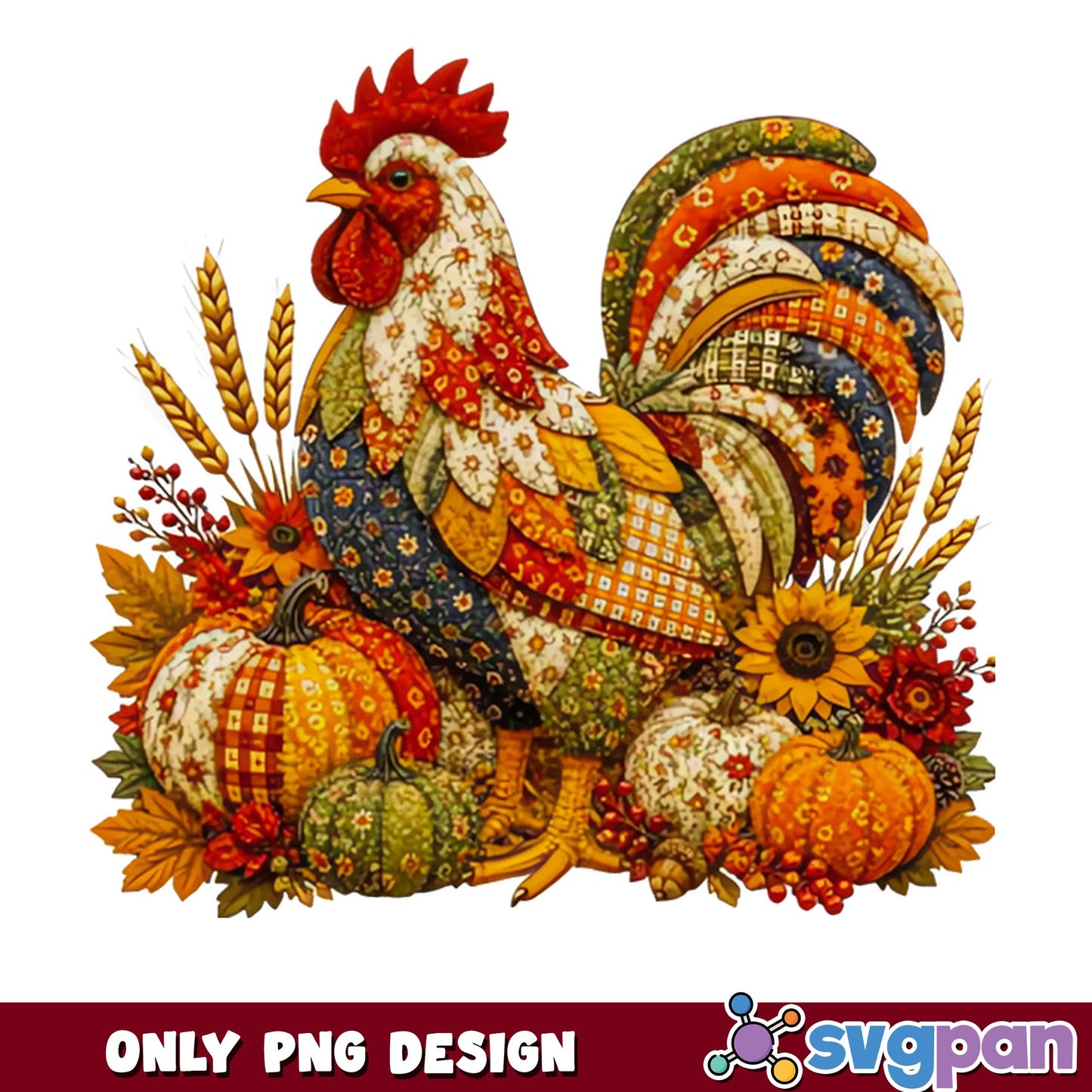 Patchwork Rooster Fall PNG, Thanksgiving Chicken PNG, Autumn Farm PNG