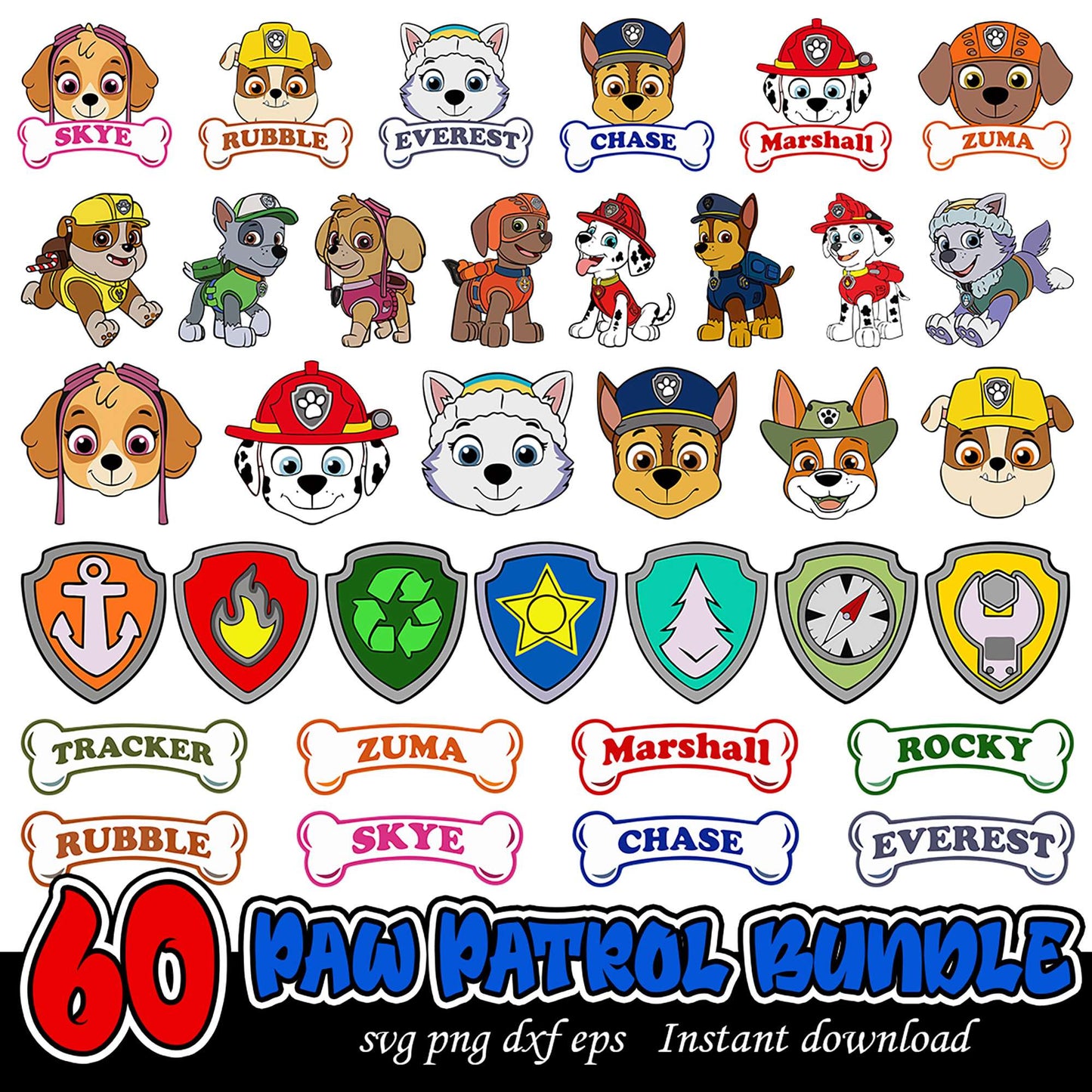 Paw Patrol Bundle with 60 SVG Designs for Instant Download