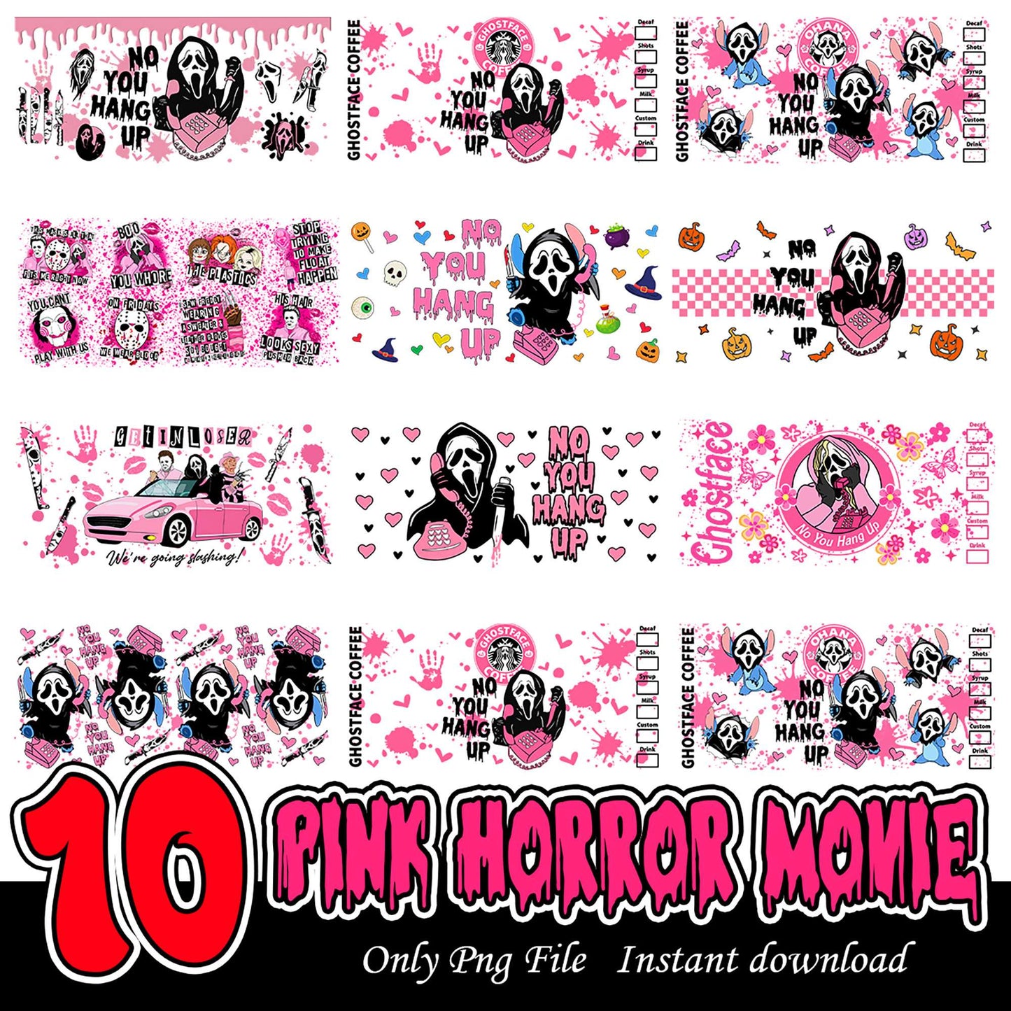 Pink Horror Movie Bundle 10 PNG Designs for Instant Download