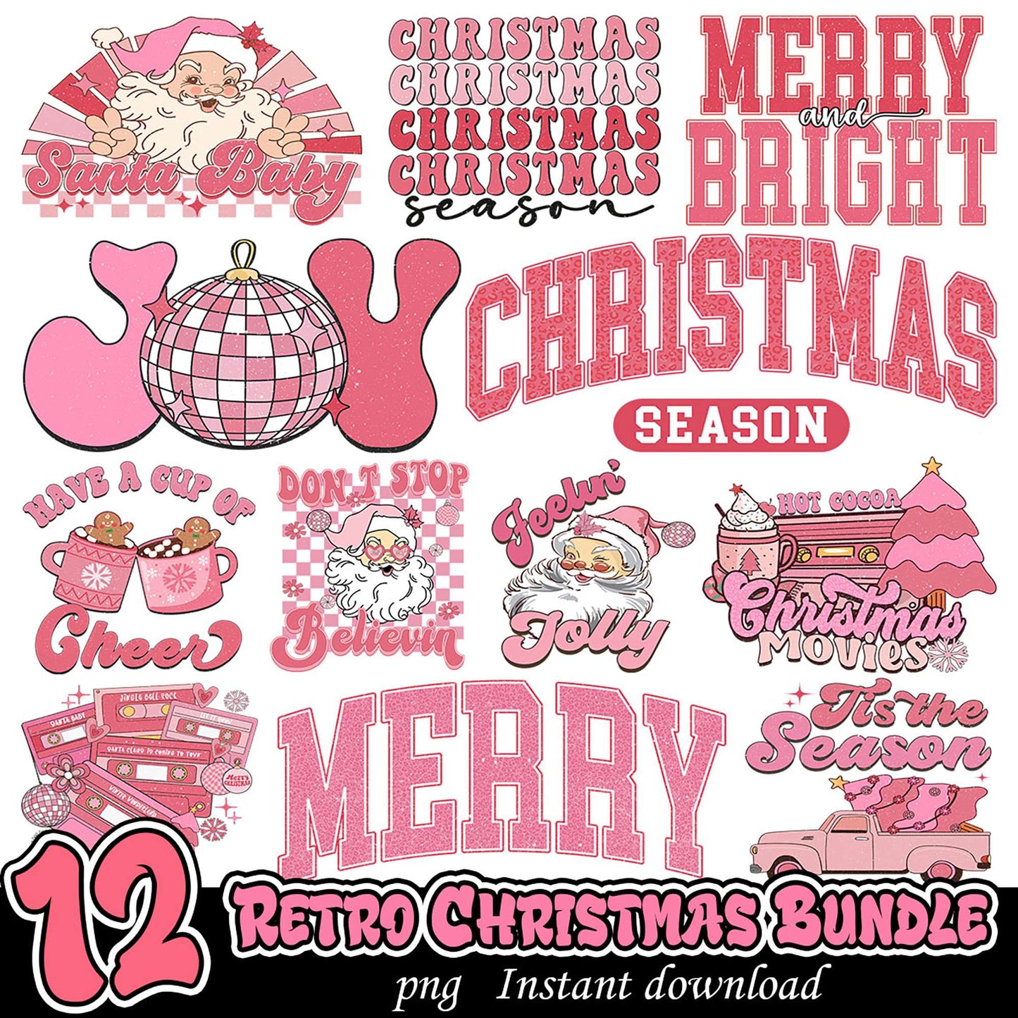 Pink Retro Christmas PNG Bundle