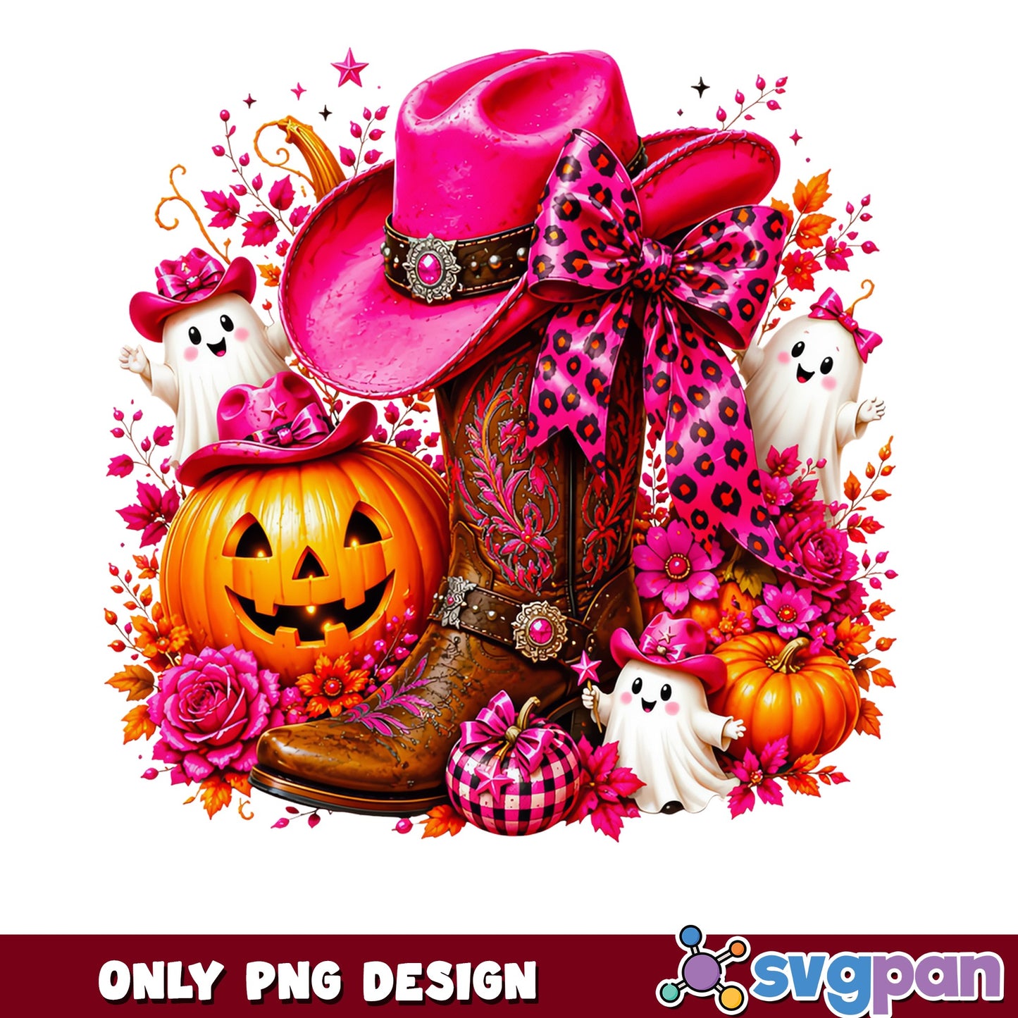 Pink Cowboy Halloween PNG, Ghost Pumpkin Cowgirl PNG, Halloween PNG