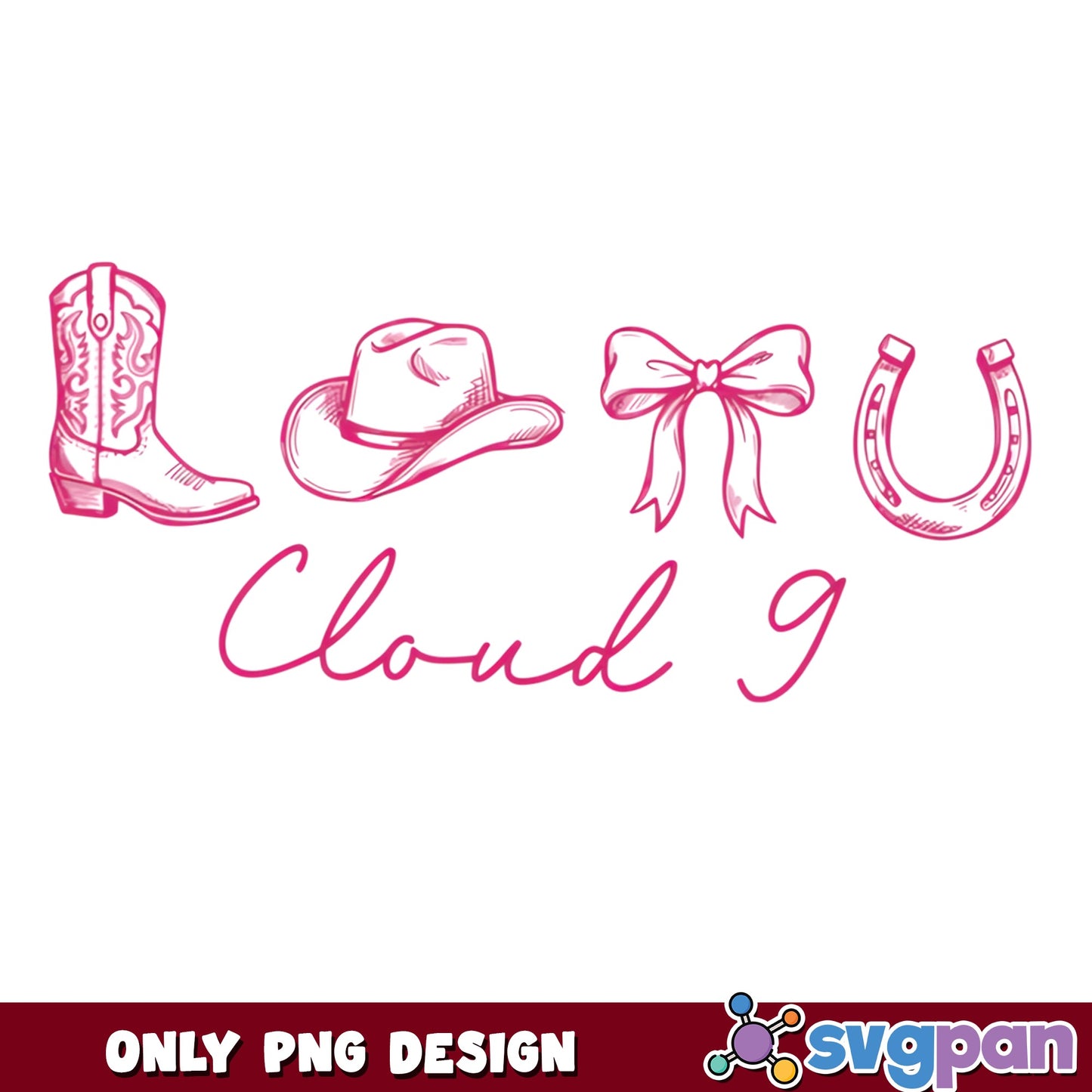 Pink Cowgirl Cloud 9 PNG, Western Boot Horseshoe PNG, Coquette Bow PNG