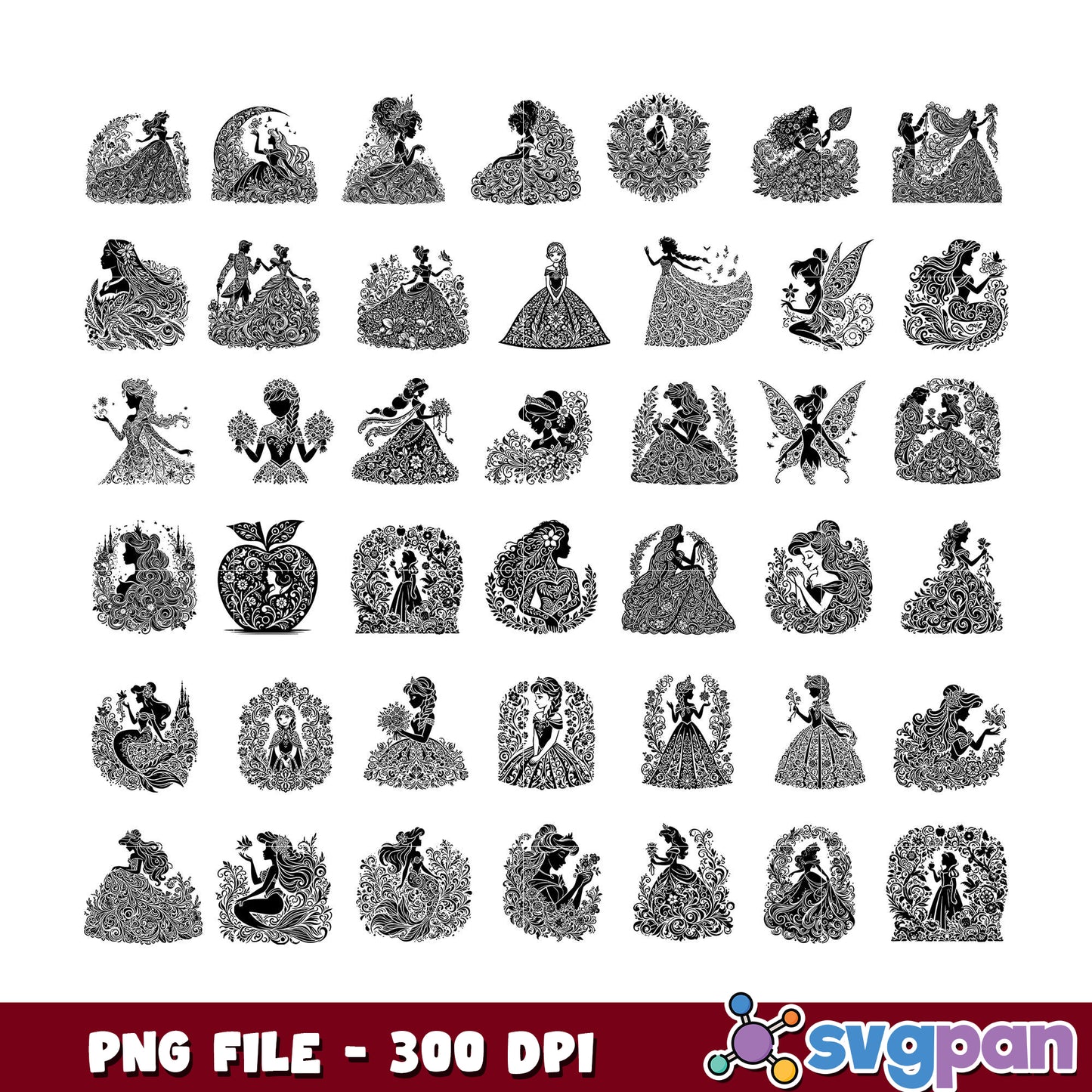 Princess Silhouette Bundle PNG 300 DPI