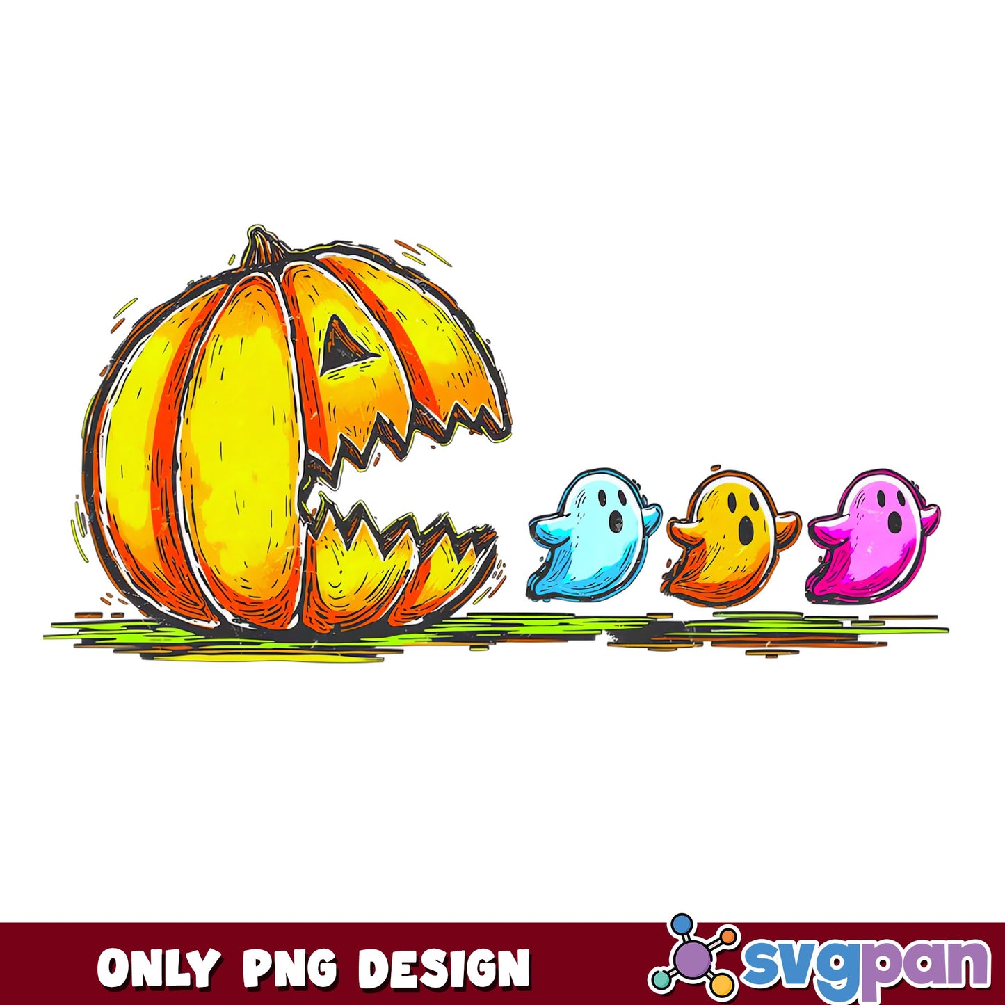 Pumpkin Pacman Eating Ghosts PNG, Halloween PNG, Funny Halloween PNG