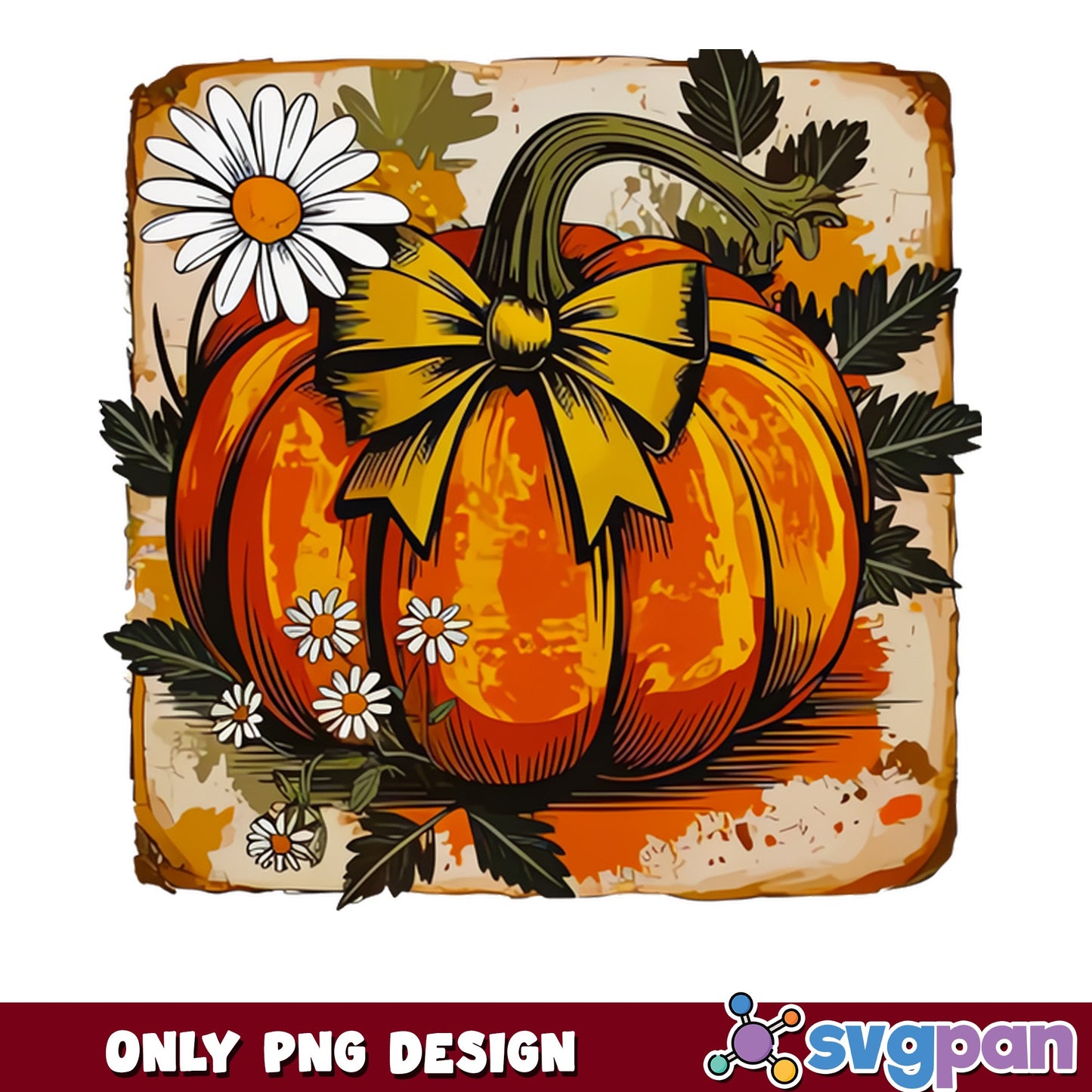 Pumpkin With Bow And Daisy PNG, Fall Halloween PNG, Autumn Floral PNG