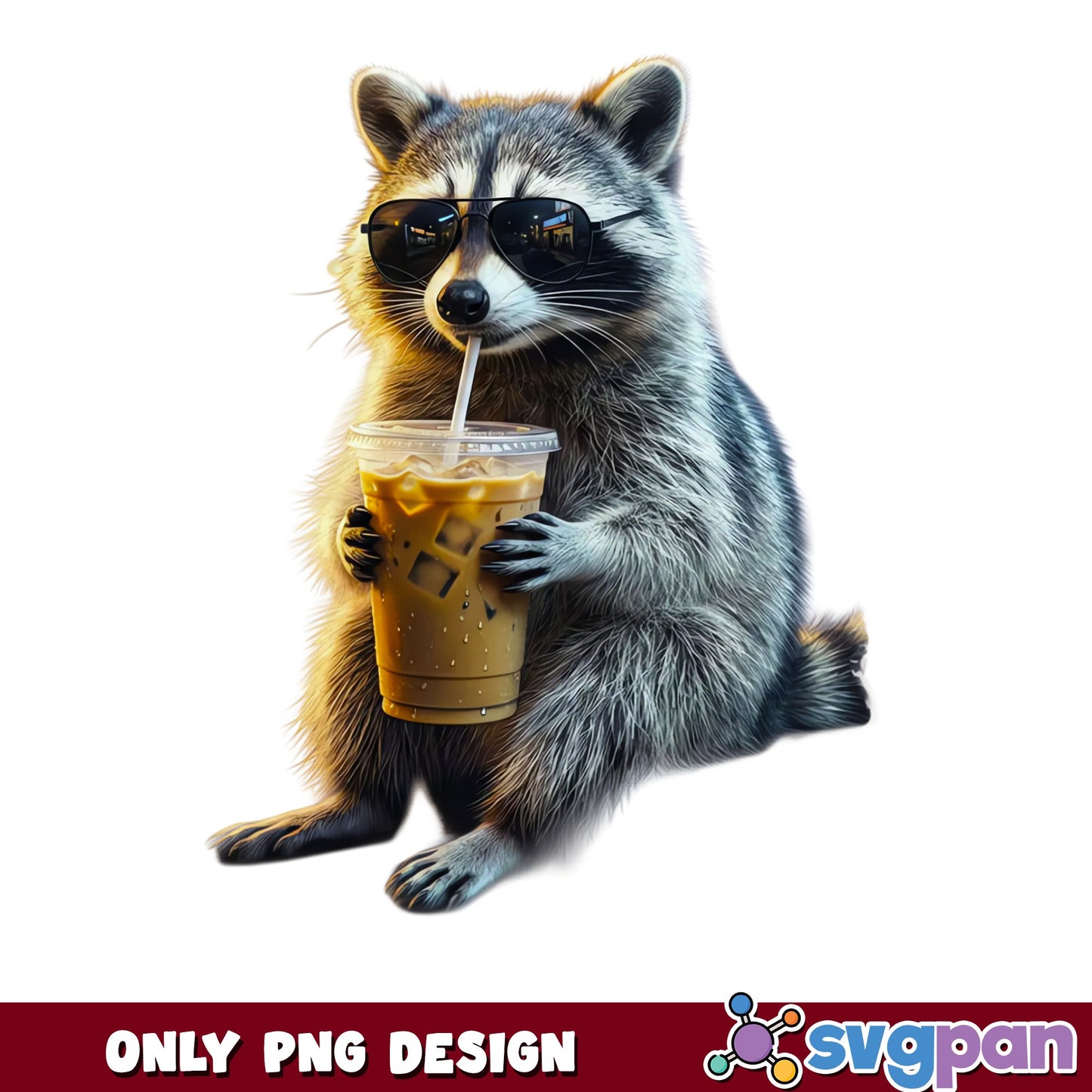 Raccoon Drinking Iced Coffee PNG, Funny Raccoon PNG, Cool Animal PNG