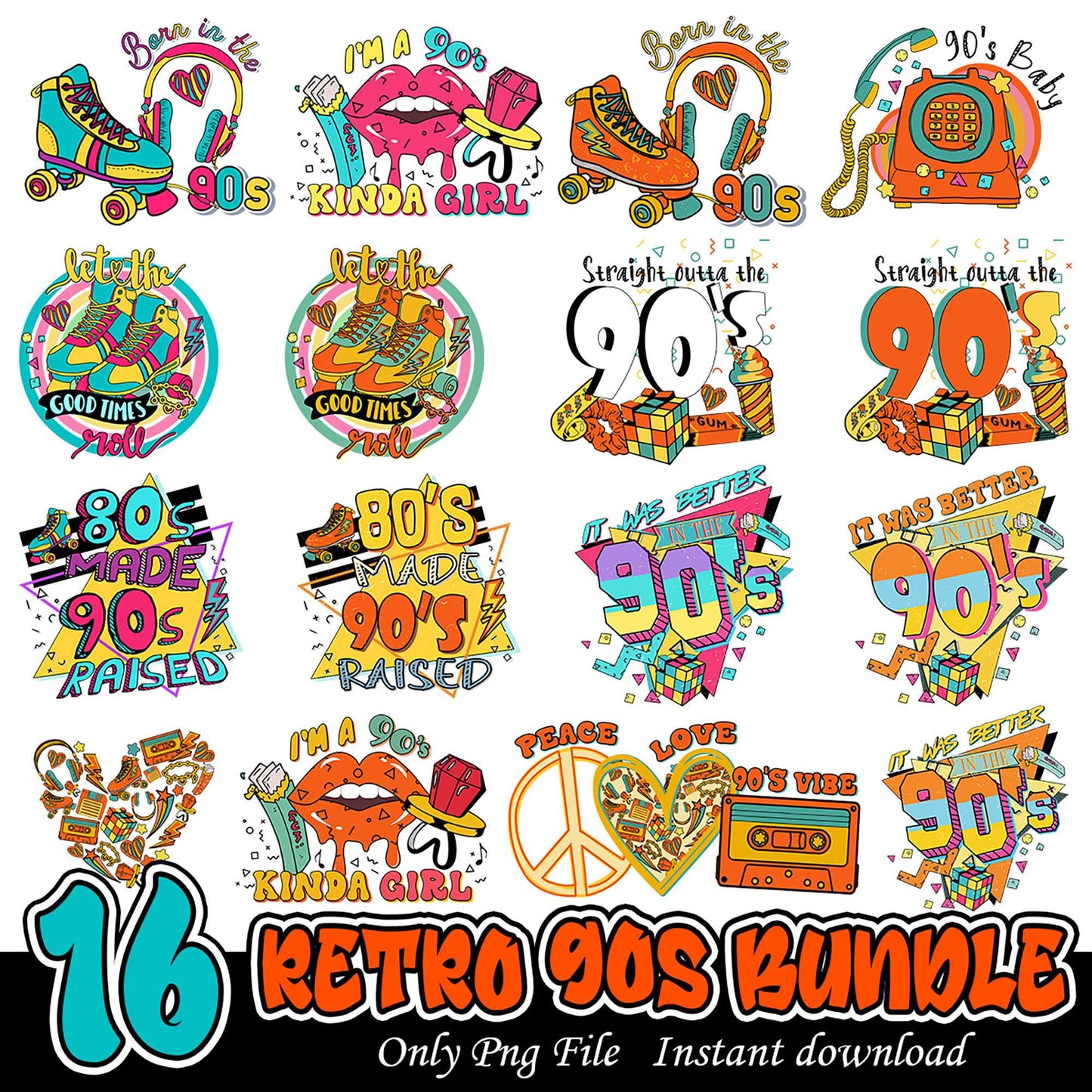 Retro 90s Bundle with 16 Fun PNG Designs for Download