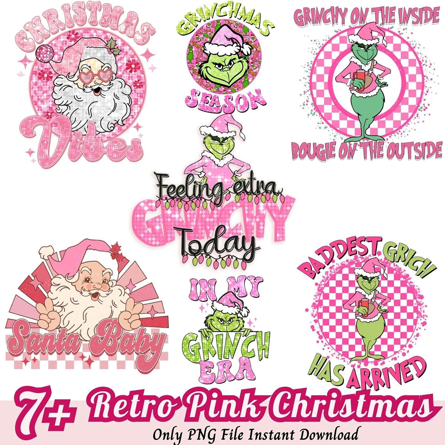 Retro Pink Grinch & Santa PNG Bundle