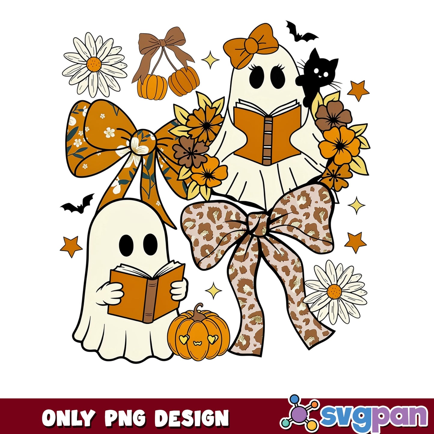 Retro Ghost Reading Book Halloween PNG, Spooky Boo PNG, Fall PNG