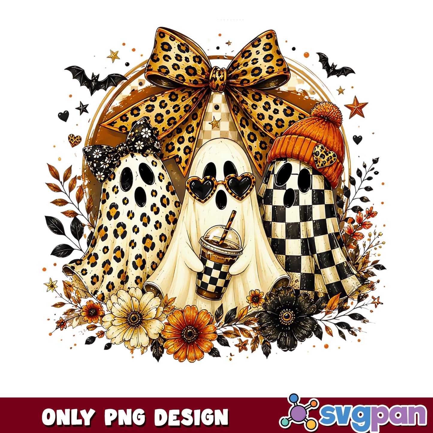 Retro Halloween Ghost PNG, Leopard Checkered Floral Ghost, Halloween PNG