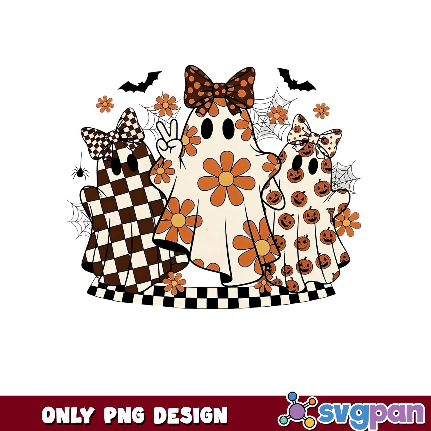 Retro Halloween Ghost With Bow PNG, Cute Ghost PNG, Halloween PNG