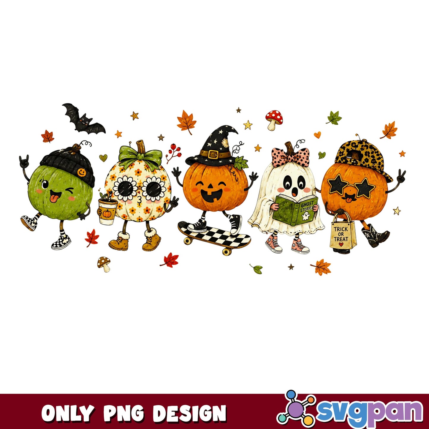 Retro Halloween Pumpkin Characters PNG, Trick Or Treat PNG, Fall PNG