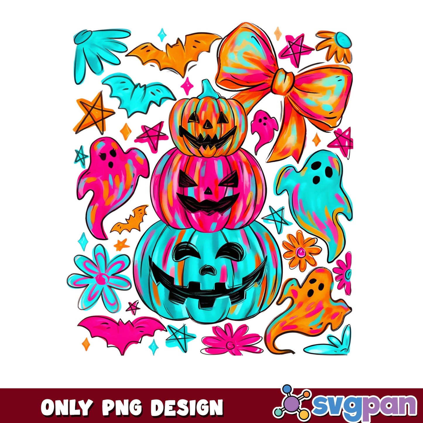Retro Halloween Pumpkin Stack PNG, Coquette Ghost Bow PNG, Spooky PNG