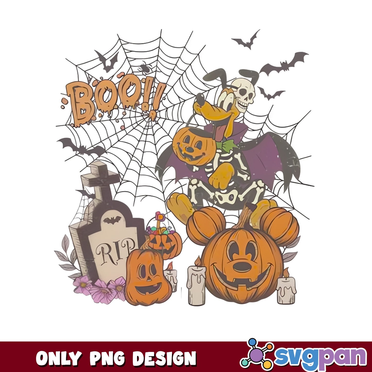 Retro Pluto Skeleton Boo PNG, Halloween Mickey Pumpkin PNG, Disney PNG