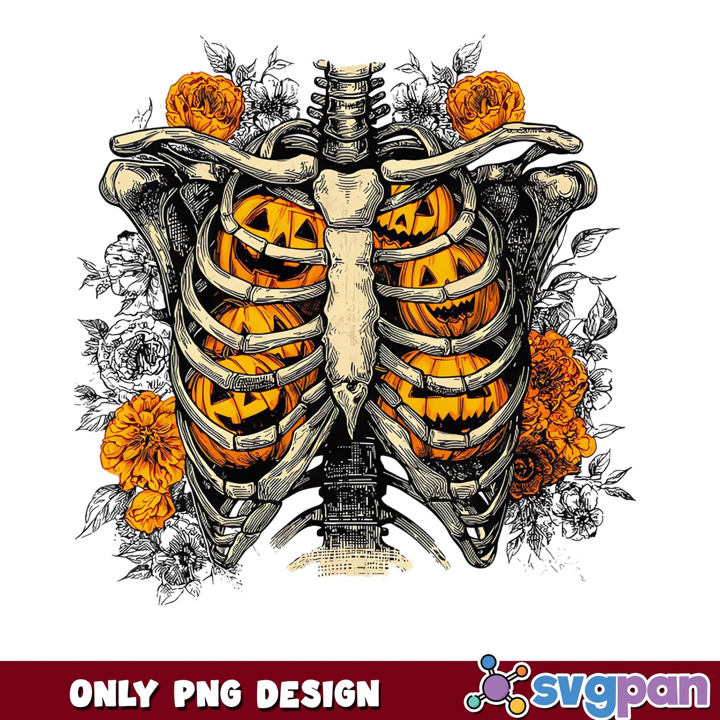 Skeleton Rib Cage Pumpkin Floral PNG, Halloween PNG, Spooky PNG