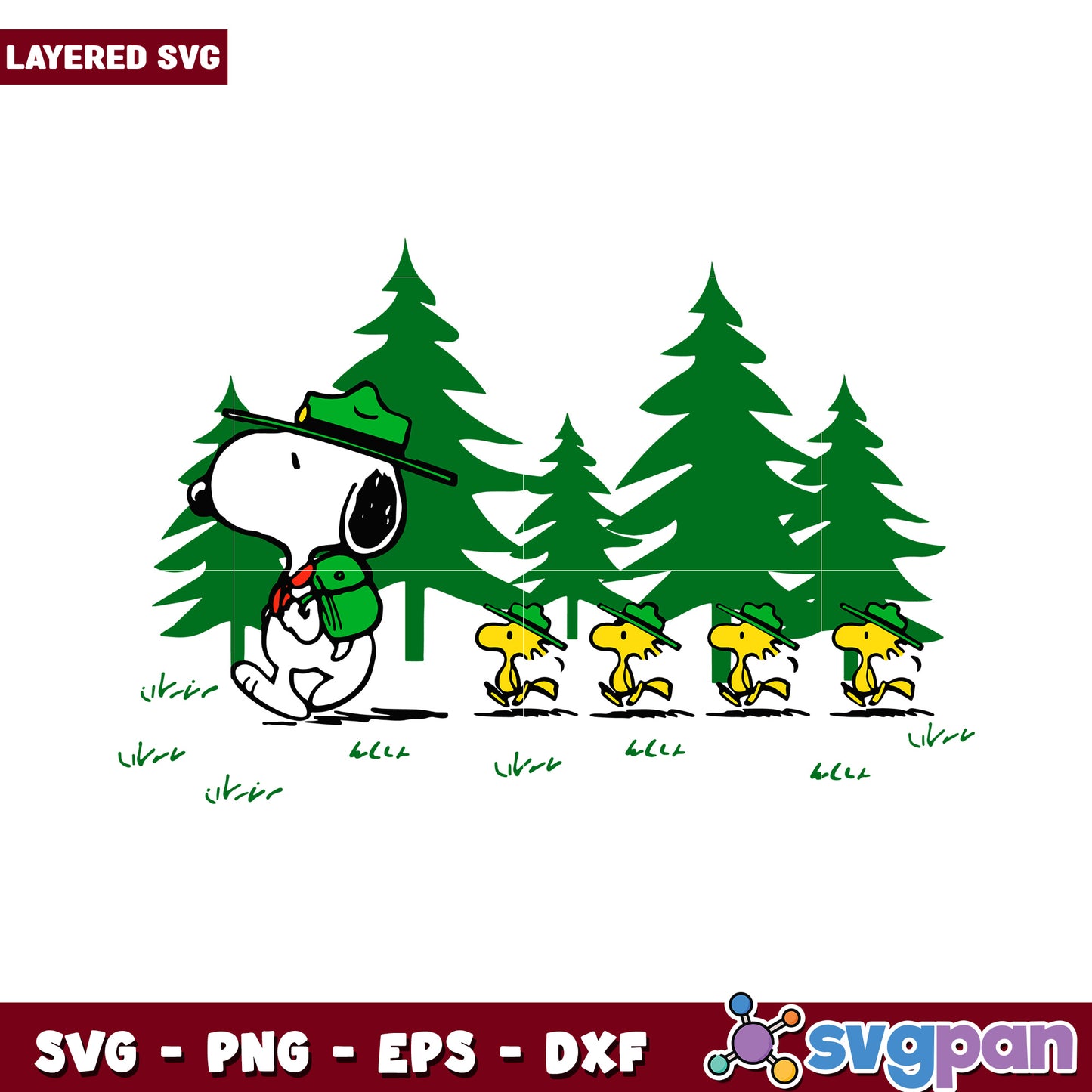 Snoopy hiking with friends, colorful forest scene layered SVG