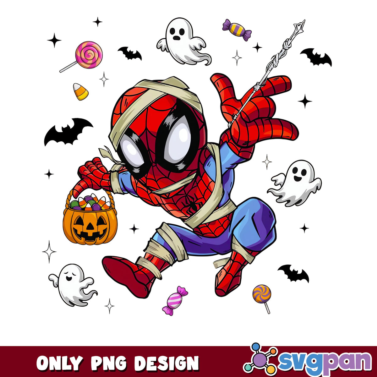 Spiderman Halloween Mummy PNG, Trick Or Treat Ghost Candy, Marvel PNG