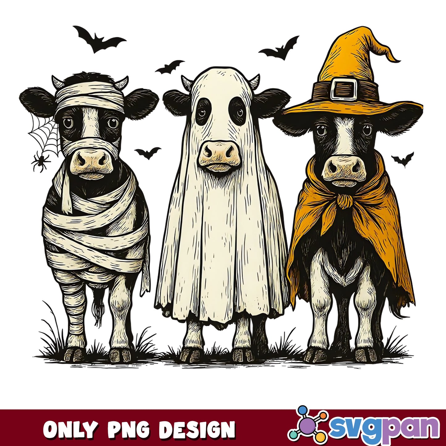 Spooky Cow Halloween PNG, Witch Ghost Mummy Cow, Farm Animal PNG