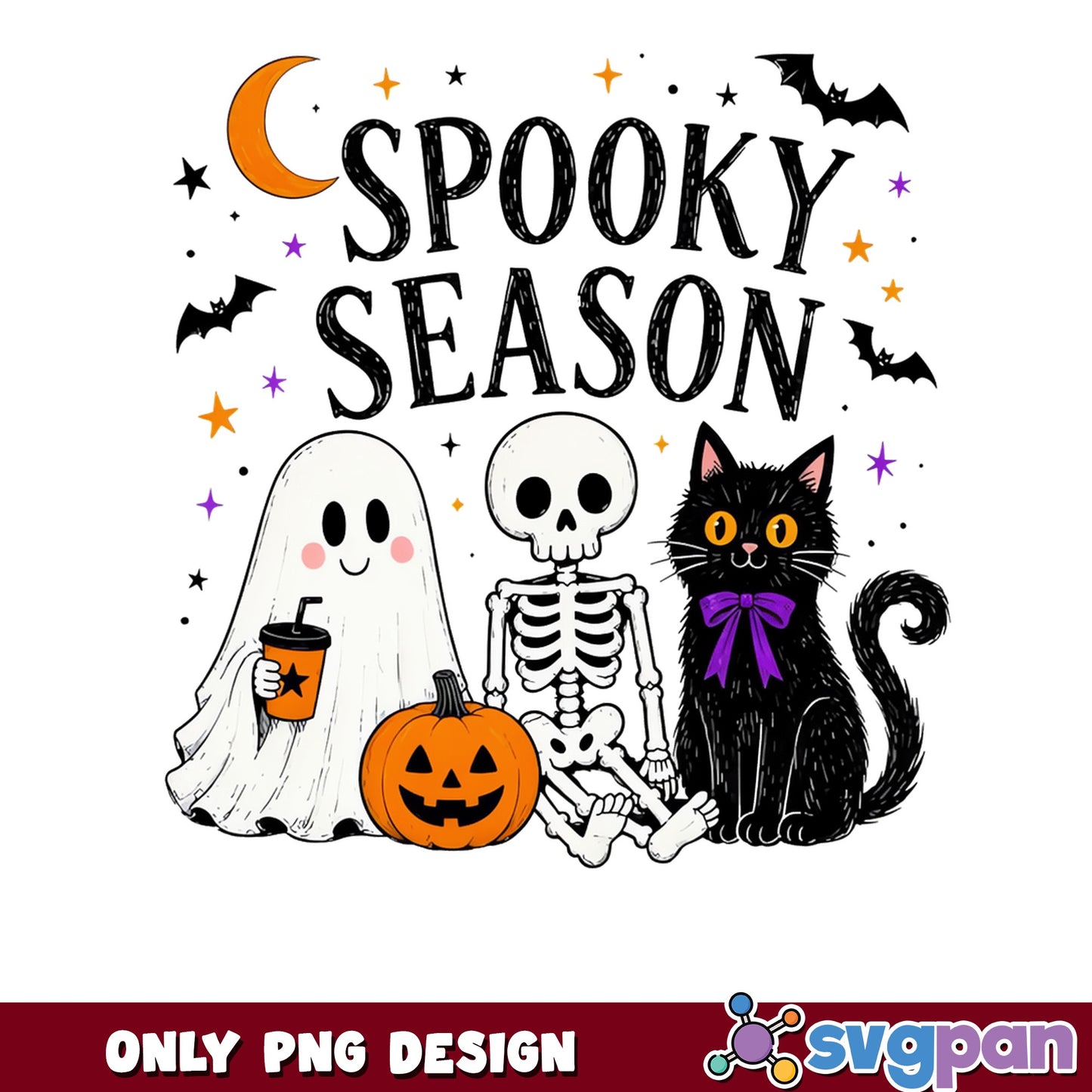 Spooky Season PNG, Halloween Ghost Skeleton Black Cat, Halloween PNG