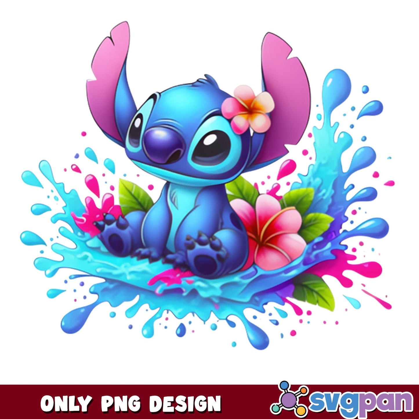 Stitch Floral Water Splash PNG, Disney Stitch PNG, Summer PNG